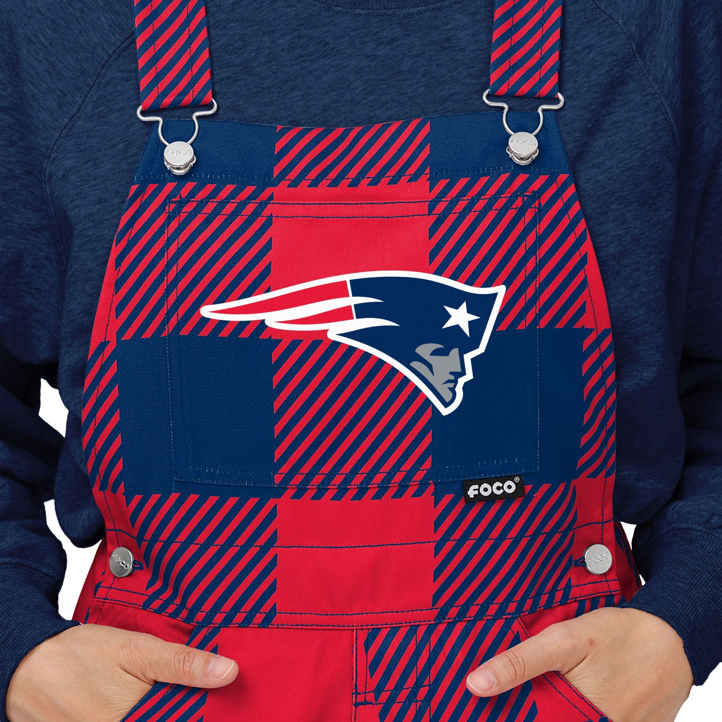 New England Patriots NFL Womens Plaid Bib Overalls - Image 4