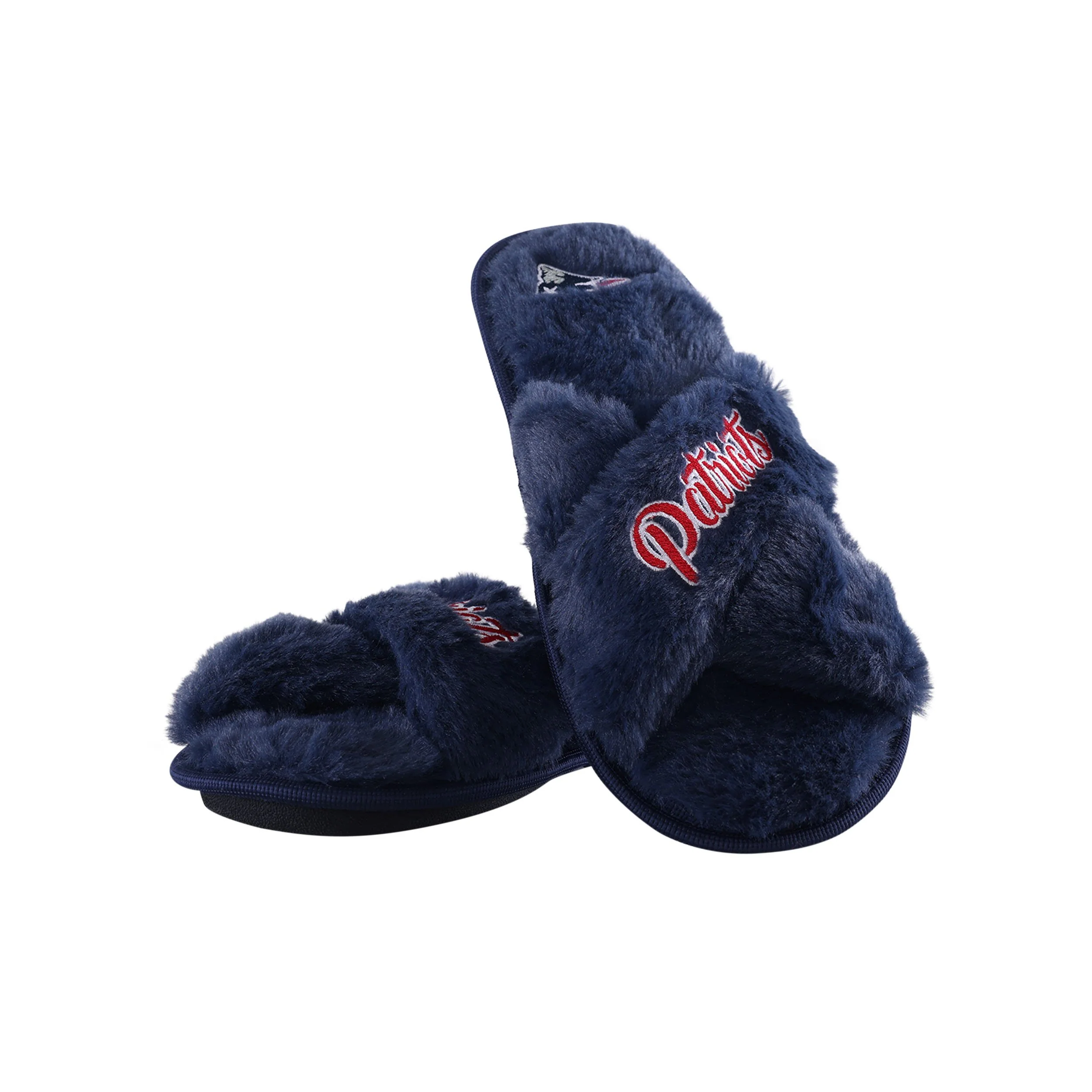 New England Patriots NFL Womens Script Wordmark Fur Cross Slide