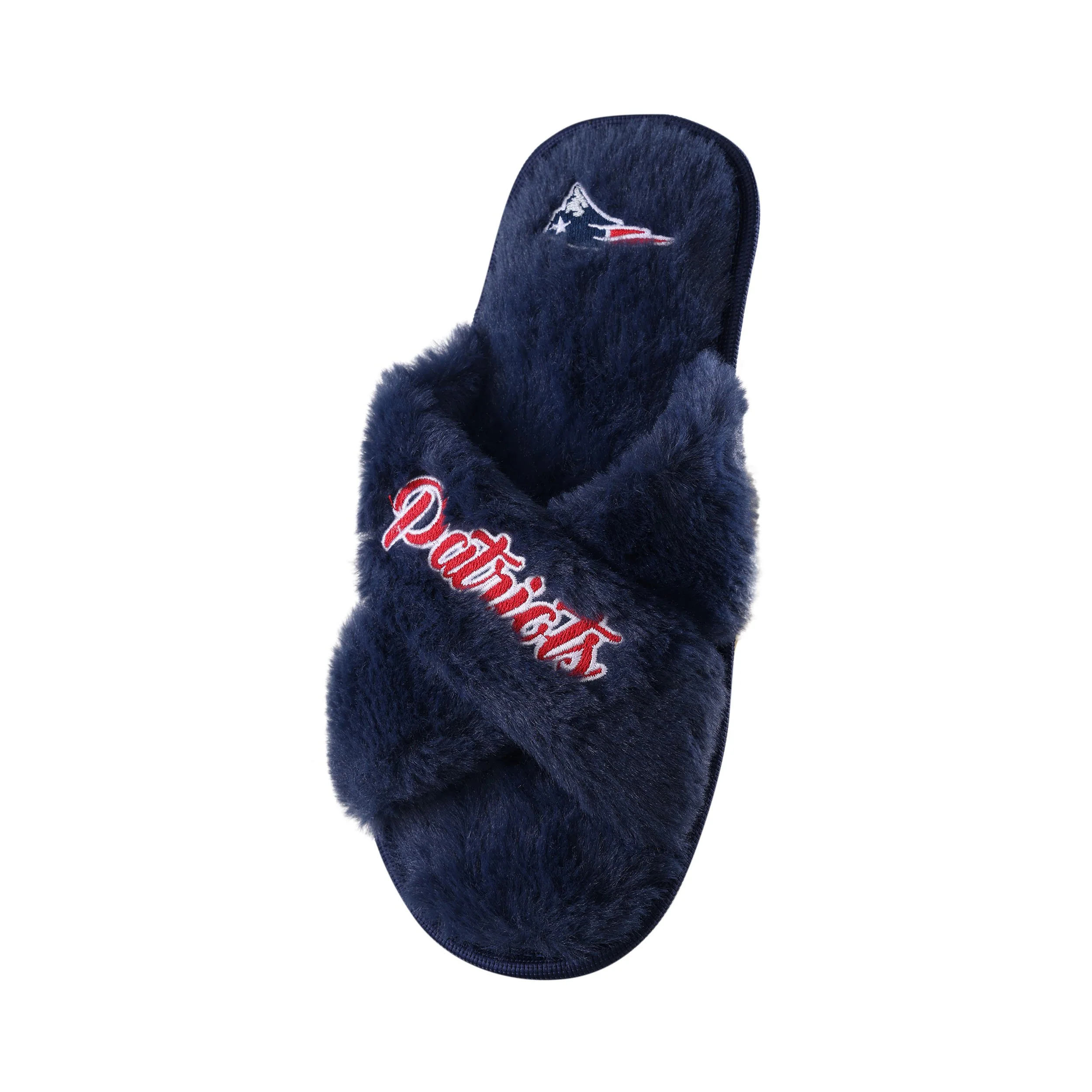 New England Patriots NFL Womens Script Wordmark Fur Cross Slide - Image 3
