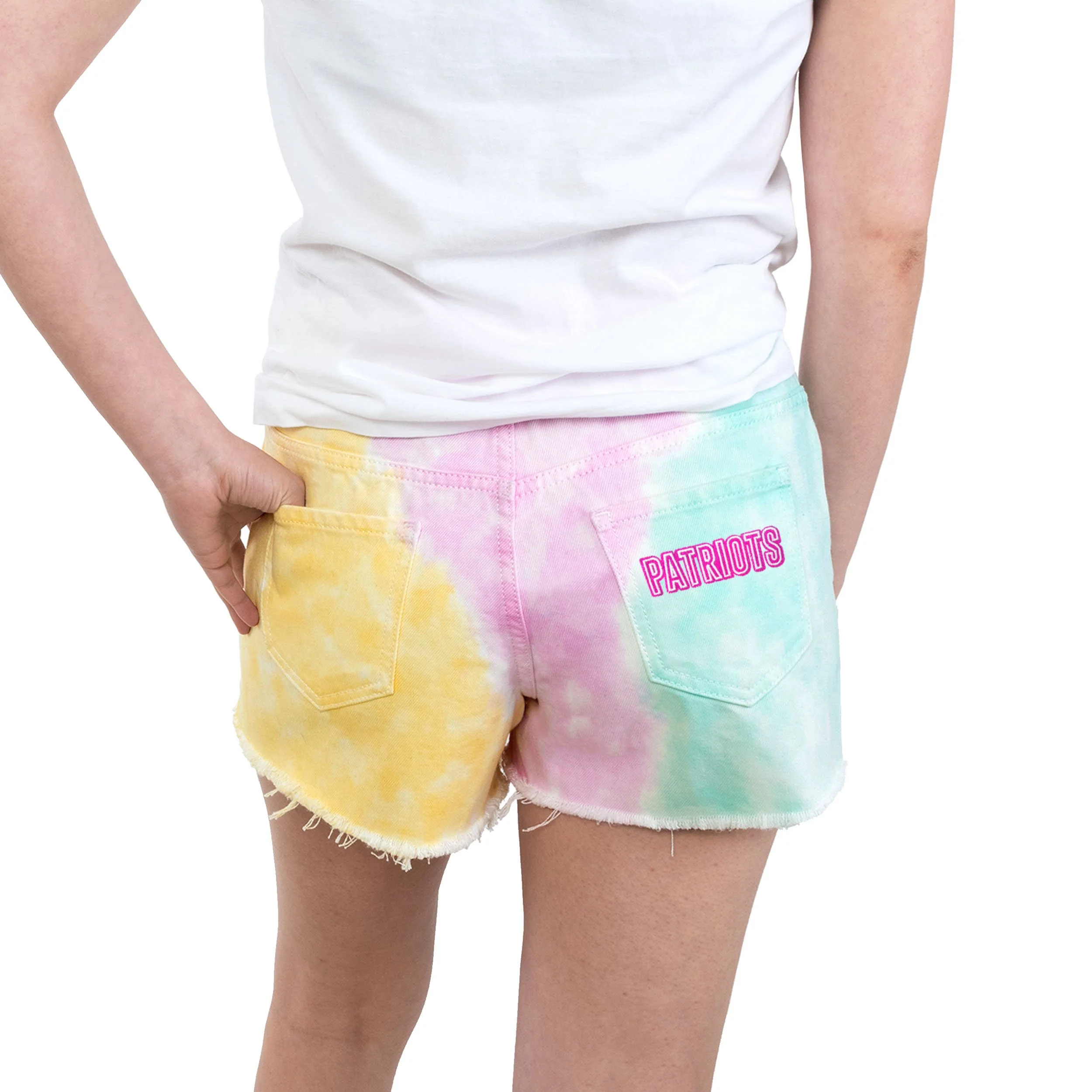 New England Patriots NFL Womens Tie-Dye Rush Denim Shorts - Image 2