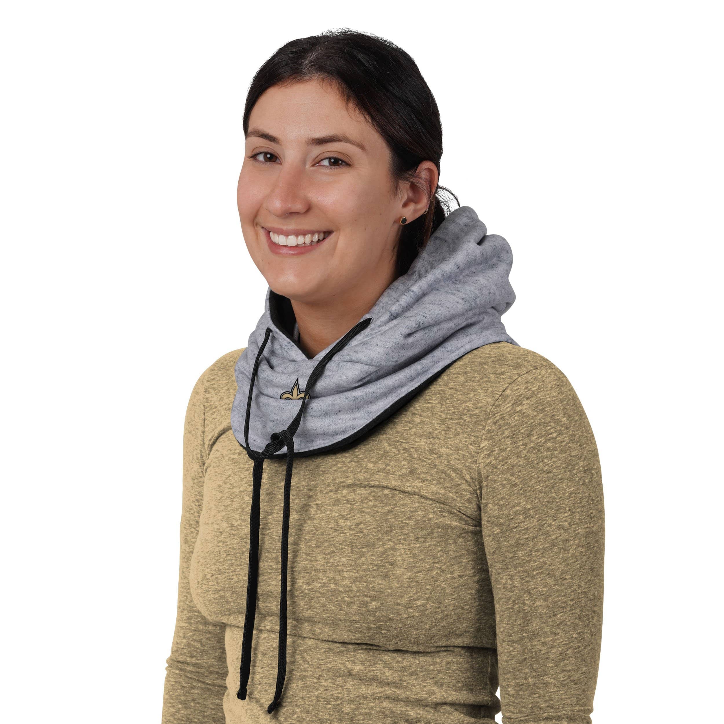 New Orleans Saints NFL Heather Gray Drawstring Hooded Gaiter Scarf - Image 4
