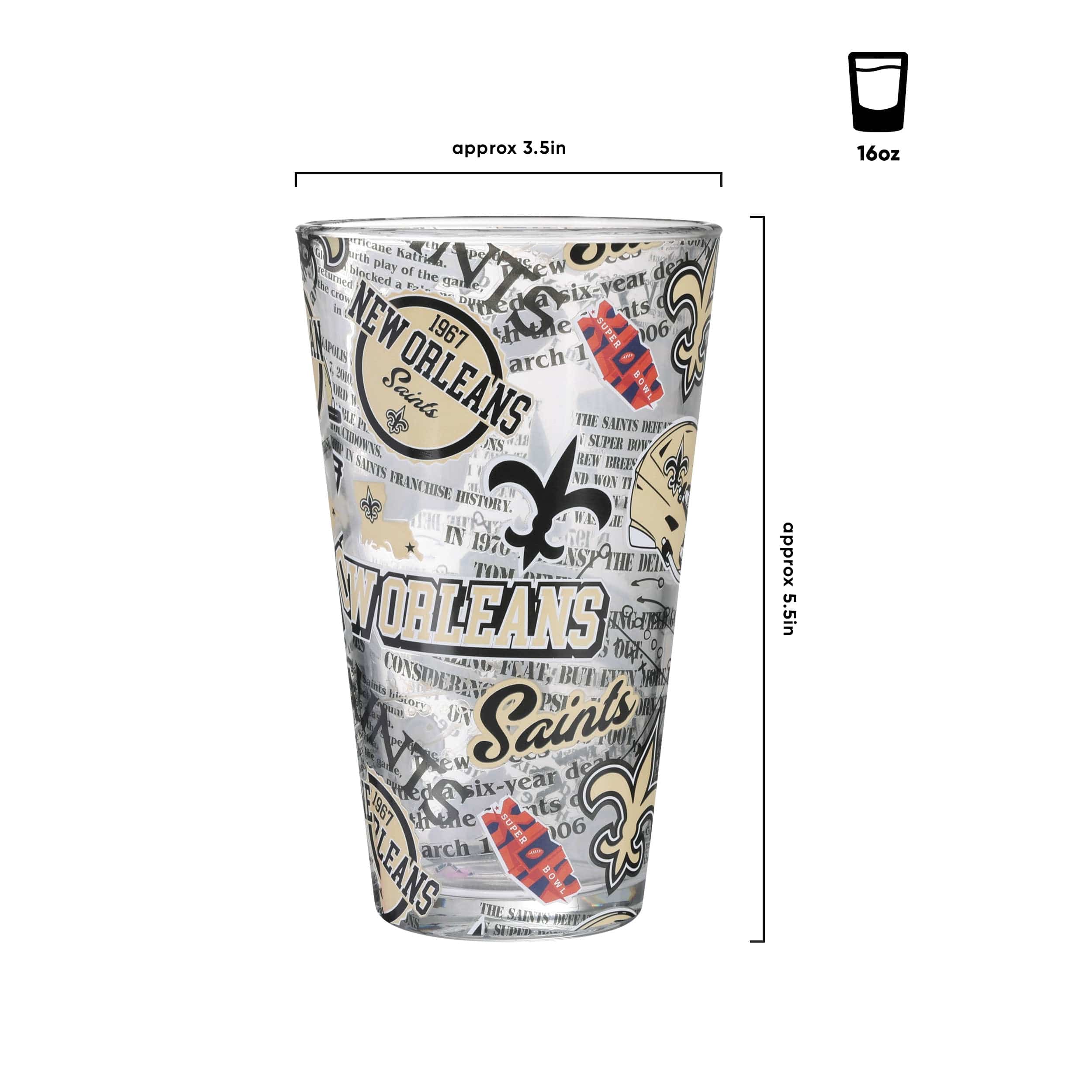 New Orleans Saints NFL Historic Print Pint Glass - Image 3