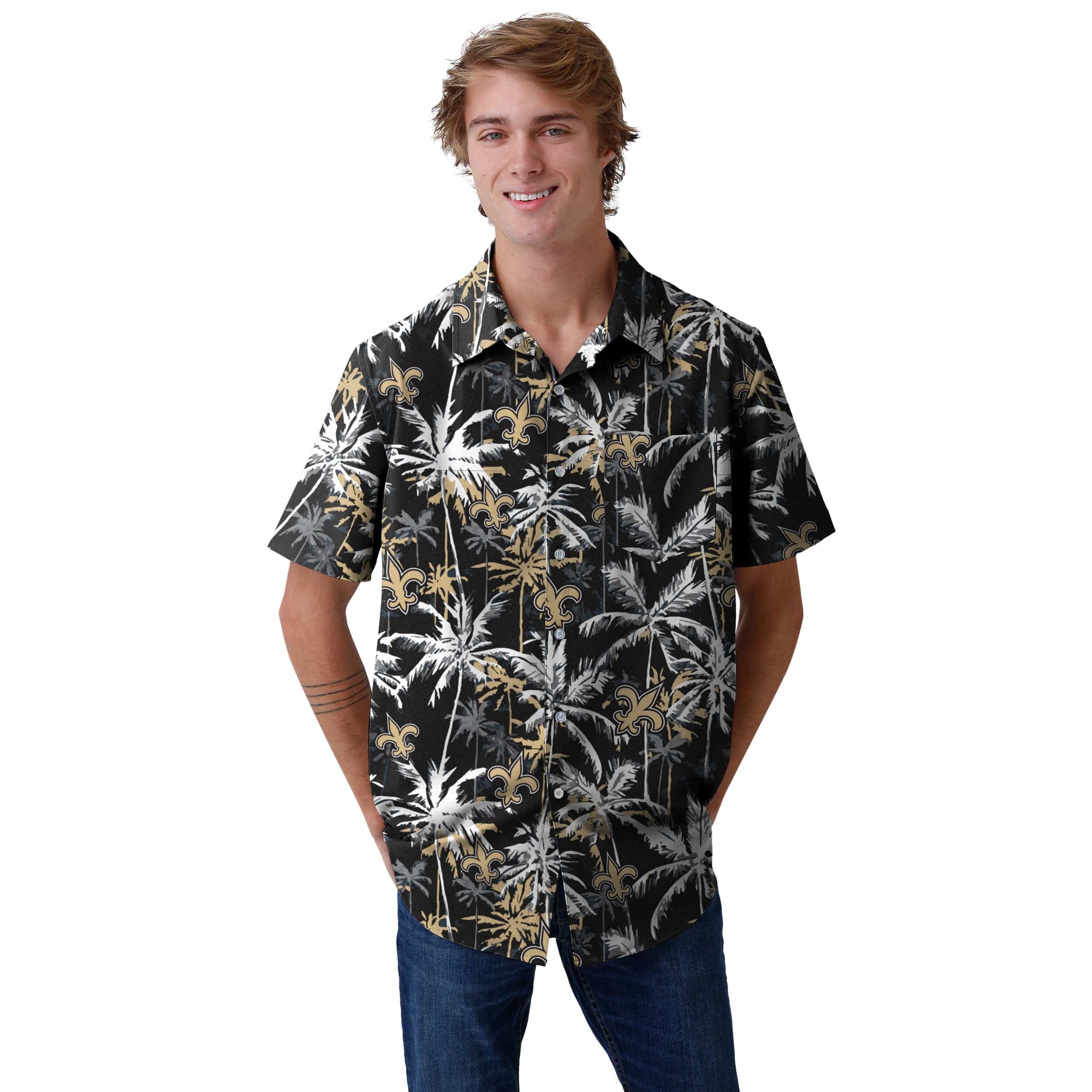 New Orleans Saints NFL Mens Black Floral Button Up Shirt - Image 2
