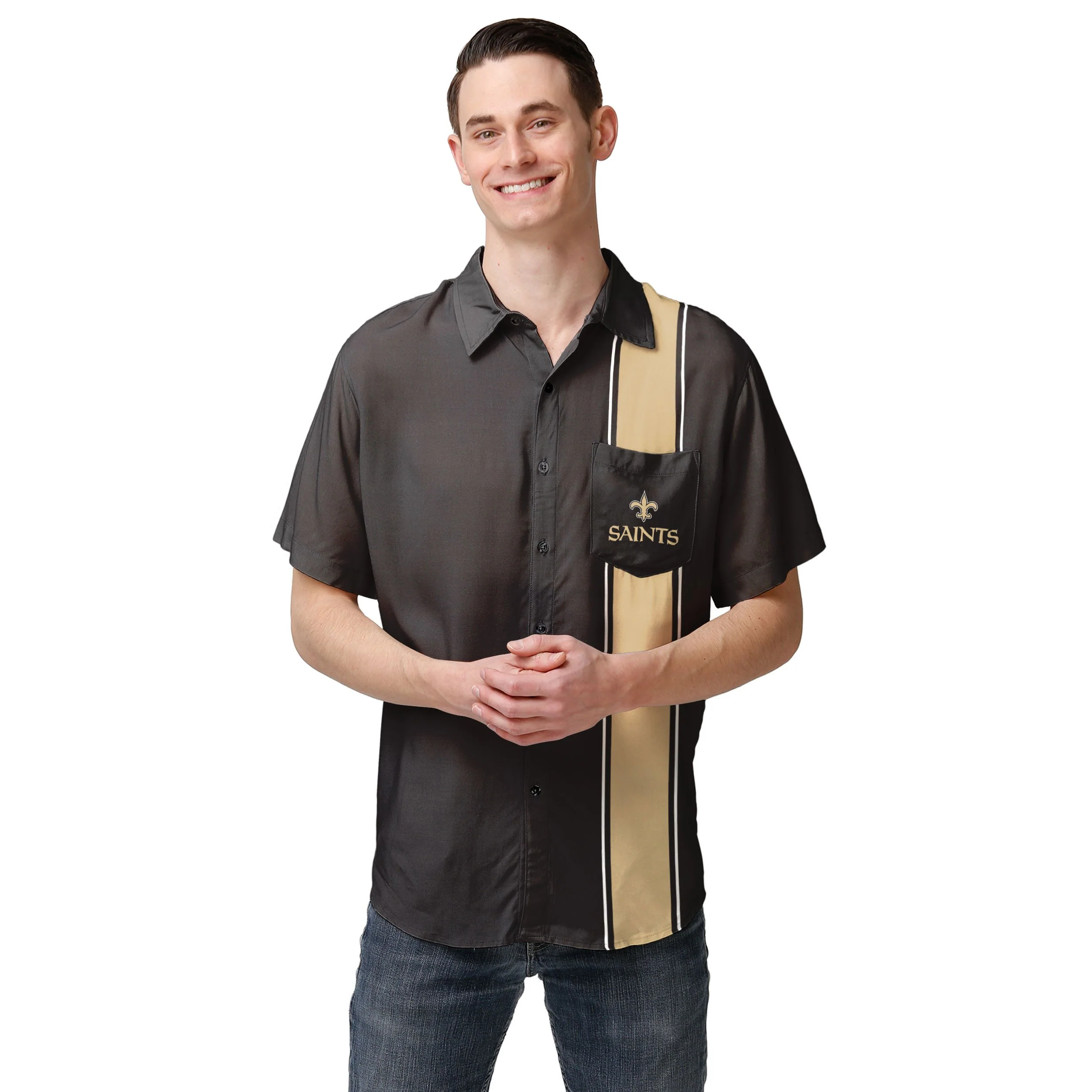 New Orleans Saints NFL Mens Bowling Stripe Button Up Shirt - Image 2
