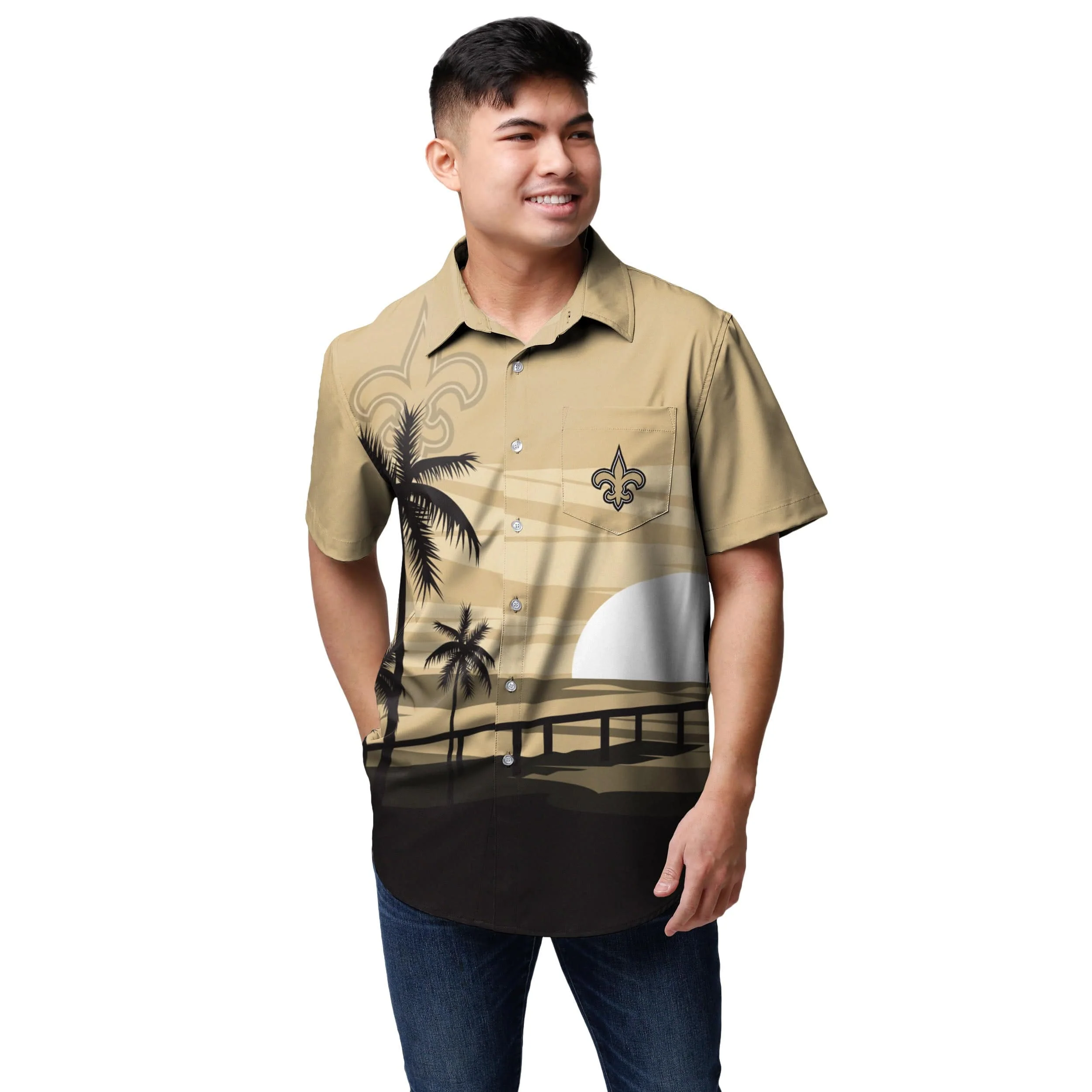 New Orleans Saints NFL Mens Tropical Sunset Button Up Shirt - Image 2
