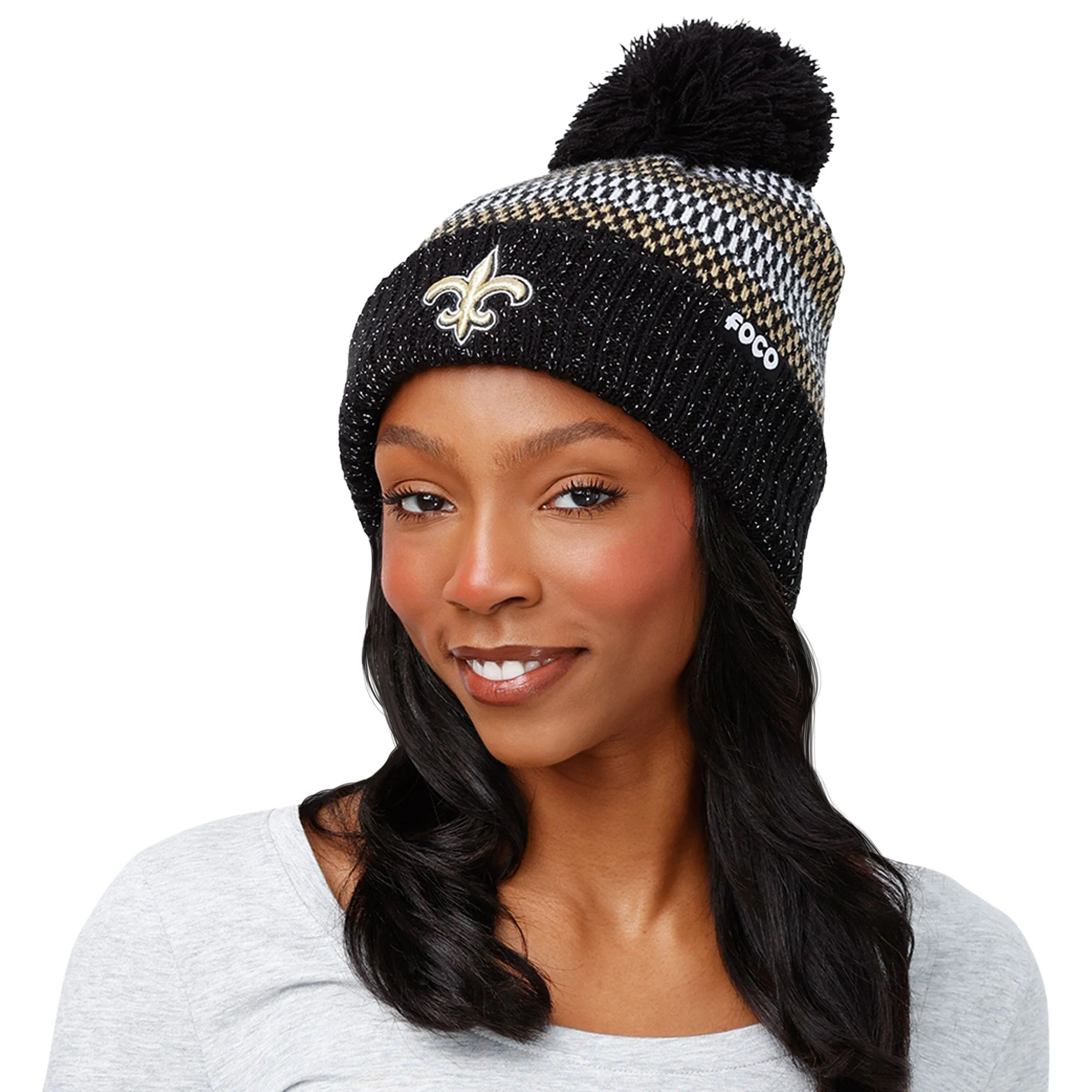 New Orleans Saints NFL Womens Cozy Knit Metallic Thread Pom Beanie - Image 3