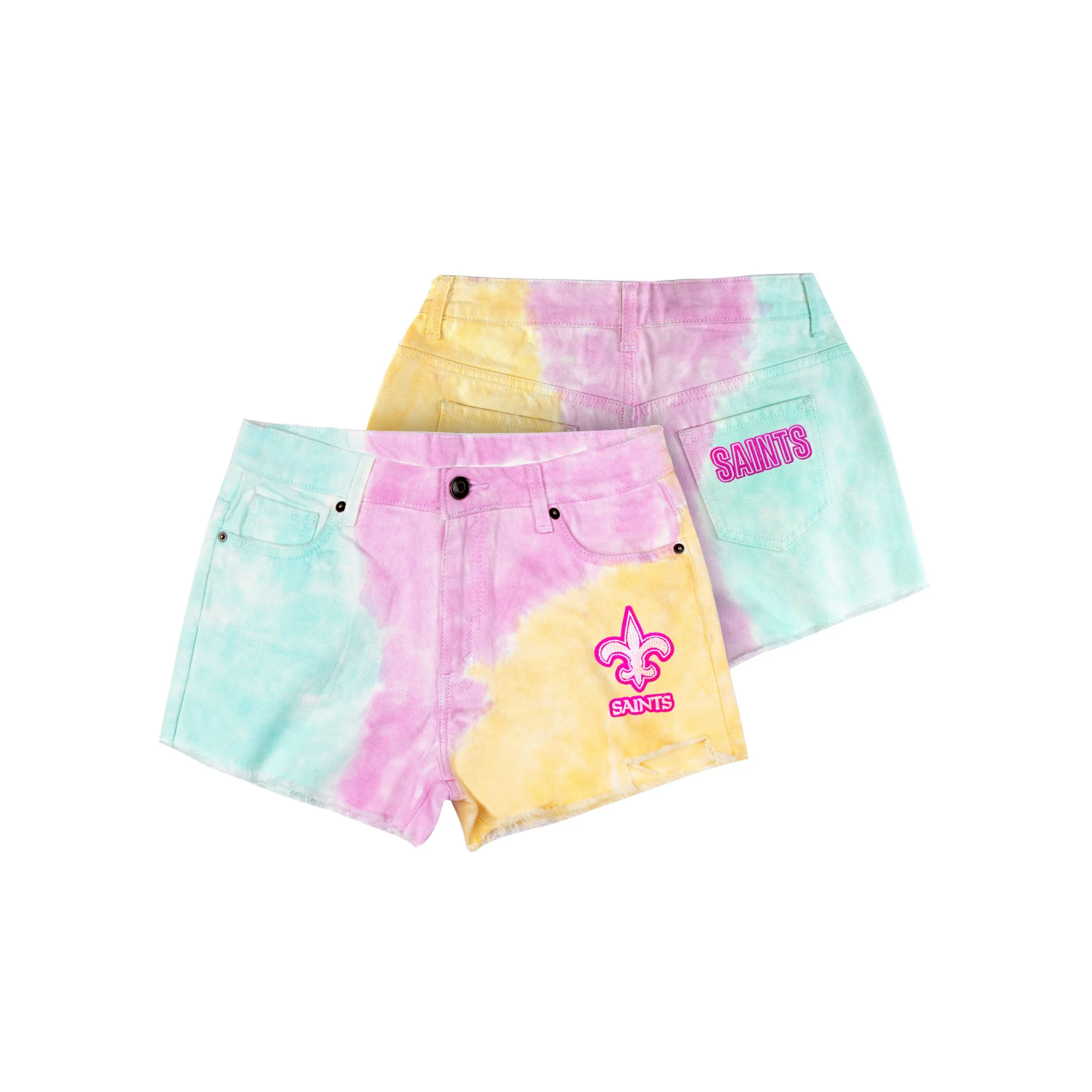 New Orleans Saints NFL Womens Tie-Dye Rush Denim Shorts - Image 3