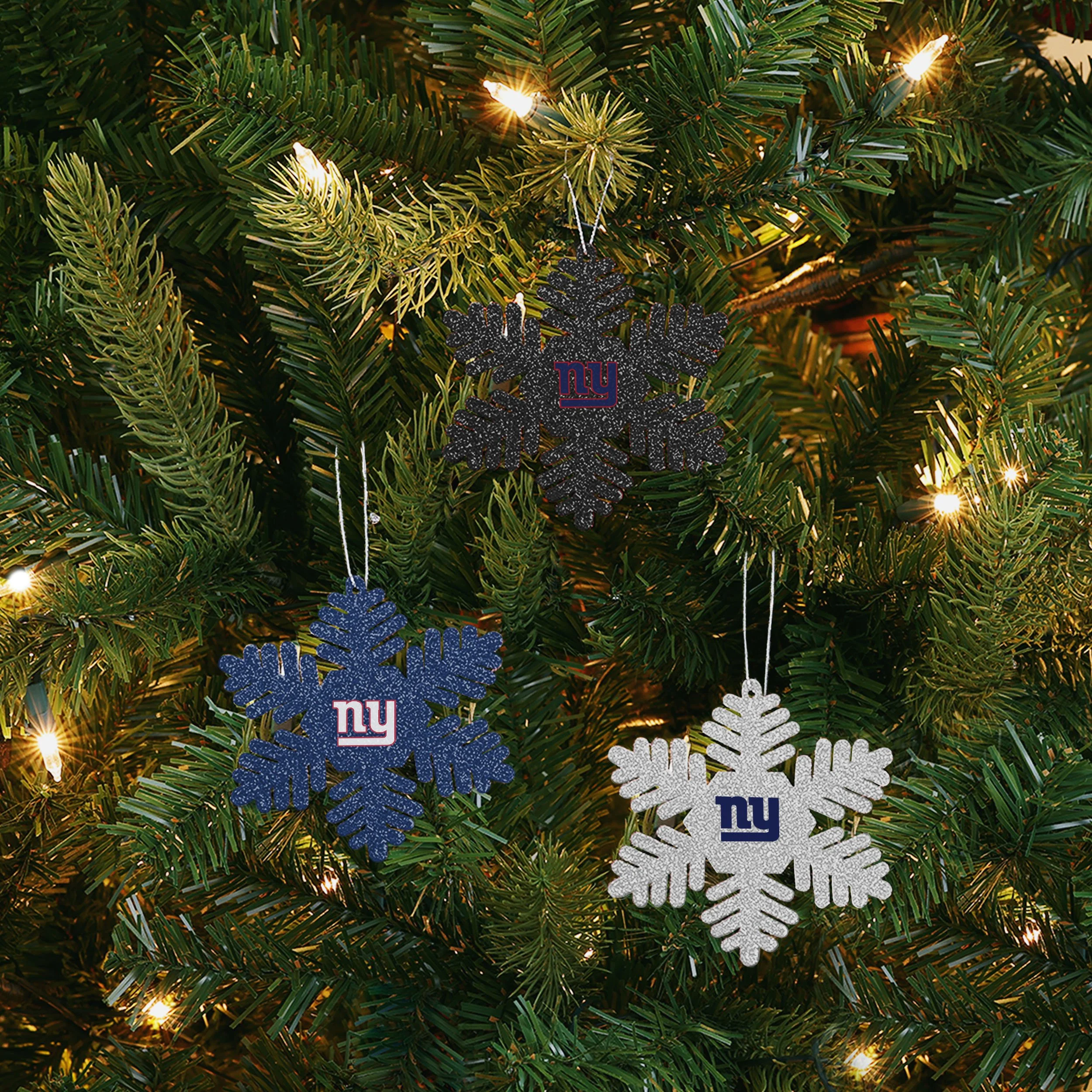 New York Giants NFL 3 Pack Metal Glitter Snowflake Ornament - Image 2