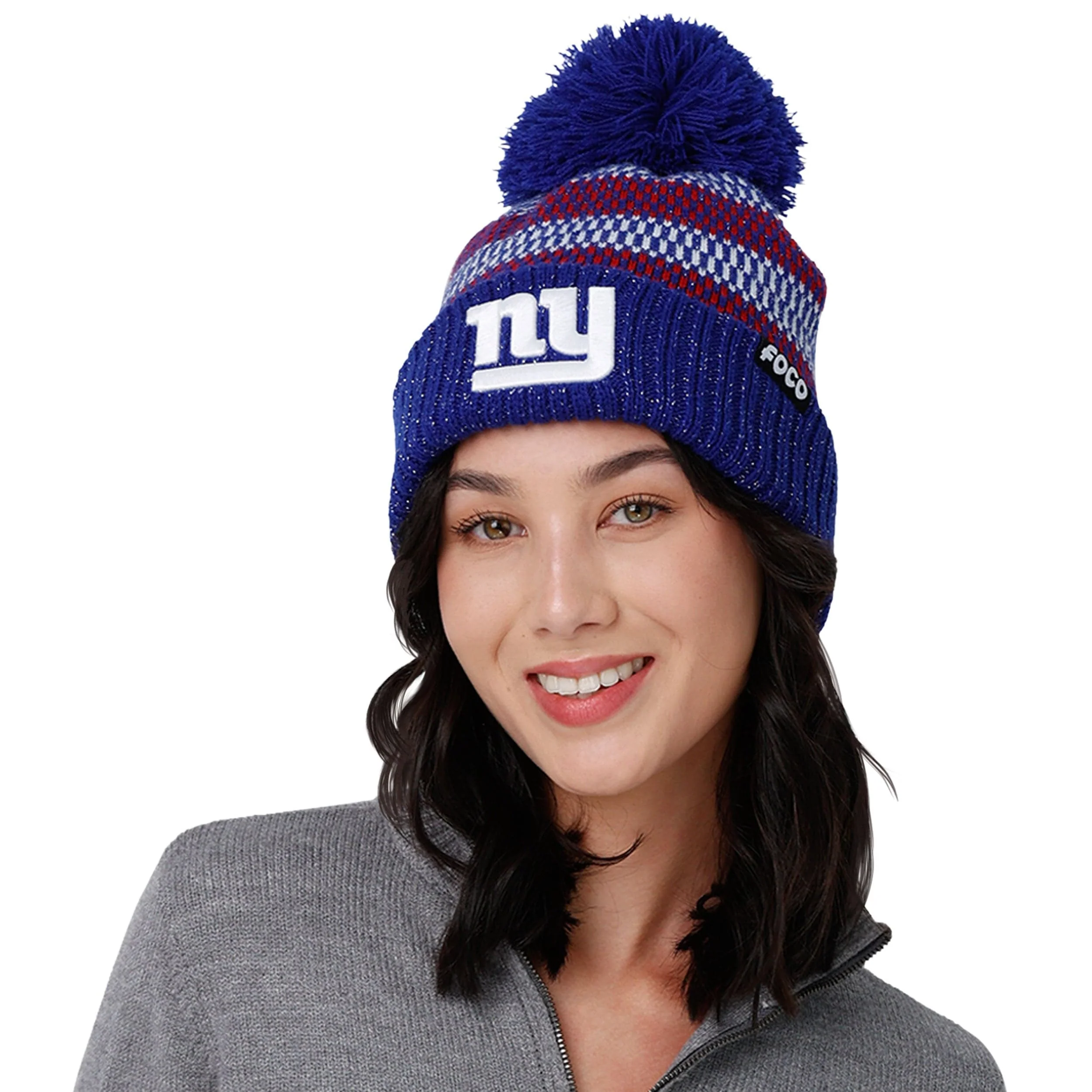 New York Giants NFL Womens Cozy Knit Metallic Thread Pom Beanie - Image 3