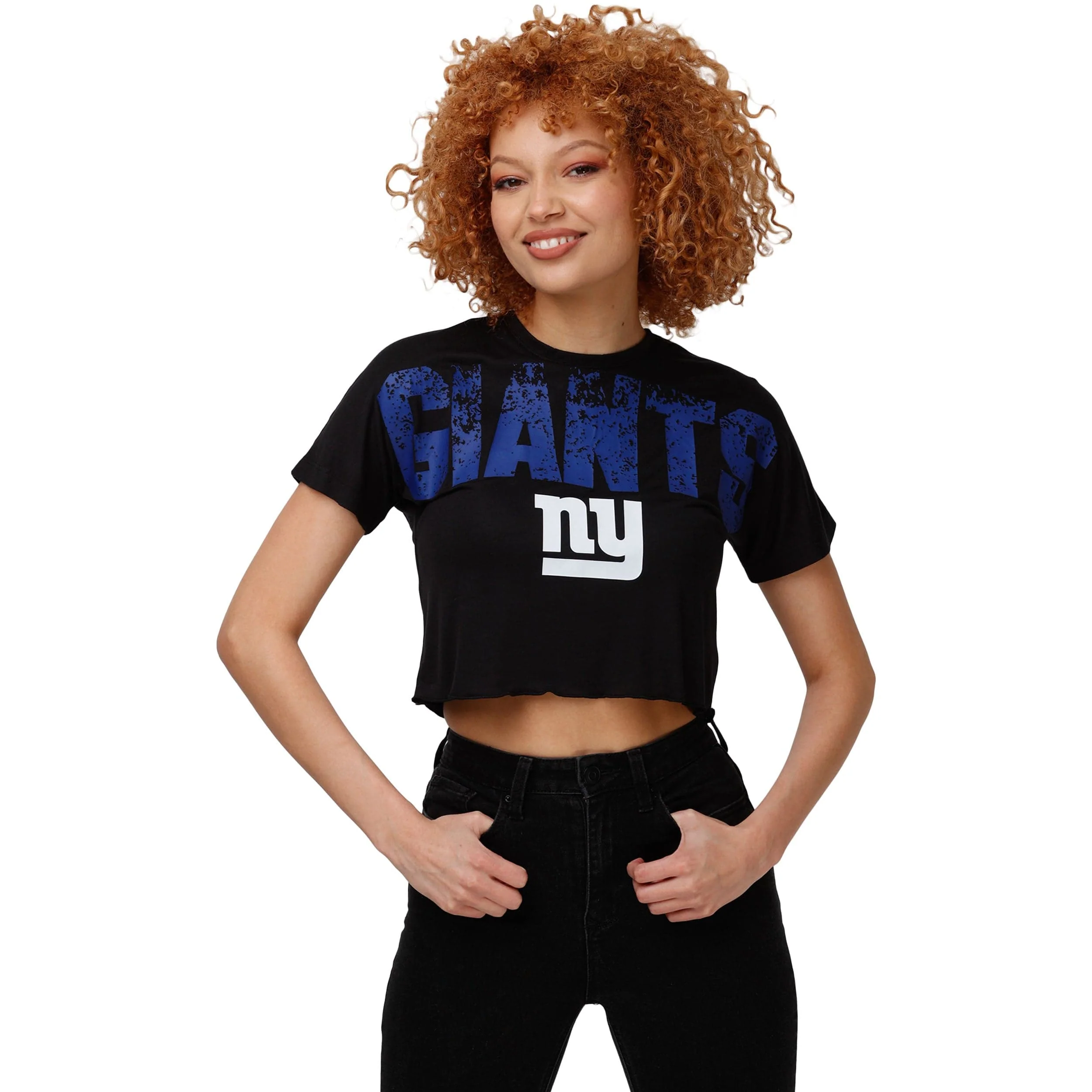 New York Giants NFL Womens Petite Distressed Wordmark Crop Top