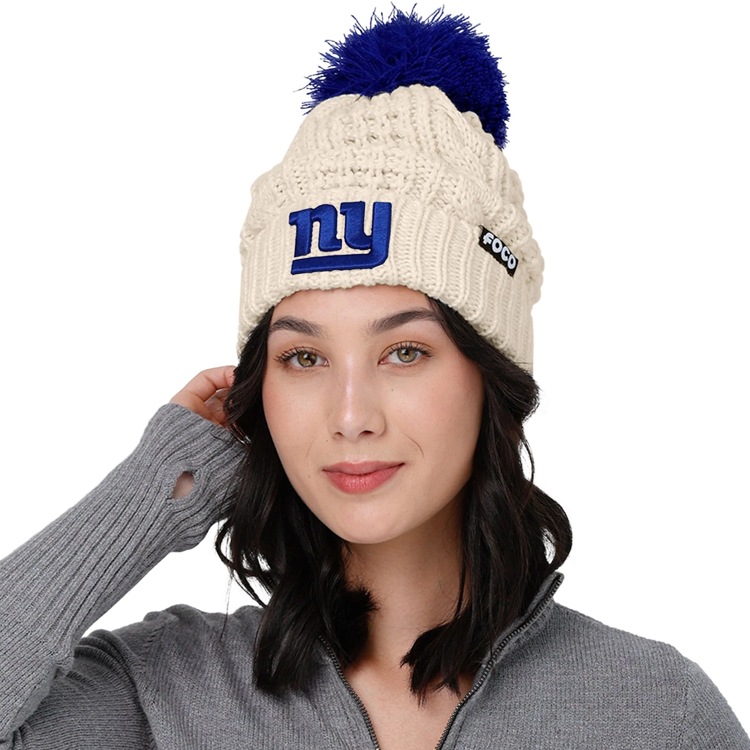 New York Giants NFL Womens Primary Logo White Cable Knit Pom Beanie - Image 3