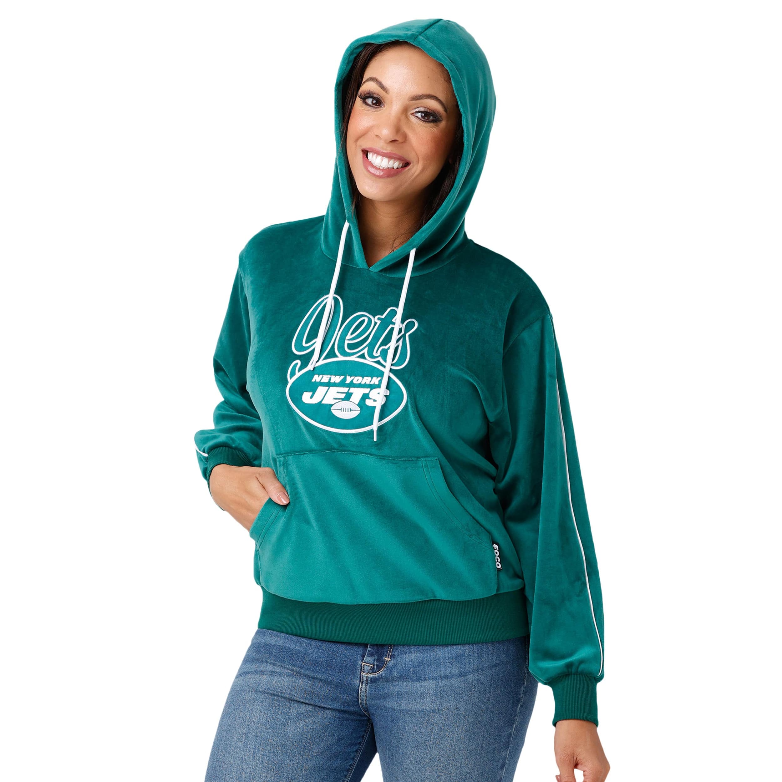 New York Jets NFL 2019 Retro Womens Velour Hooded Sweatshirt - Image 5