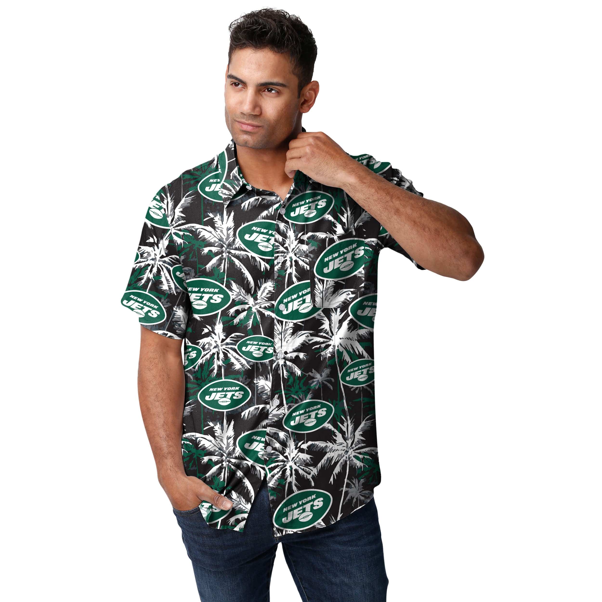 New York Jets NFL Mens Black Floral Button Up Shirt - Image 2