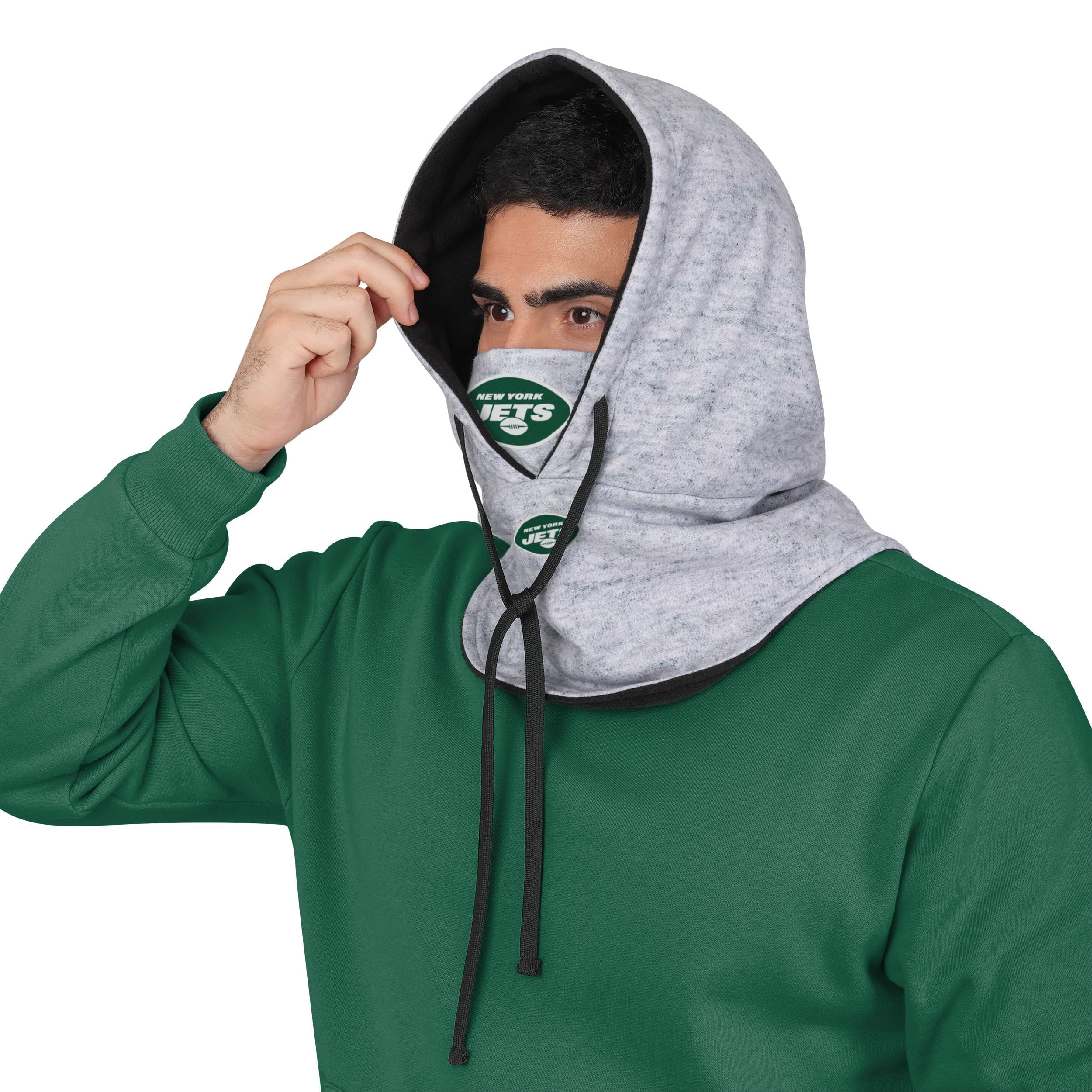 New York Jets NFL Heather Gray Drawstring Hooded Gaiter Scarf - Image 3