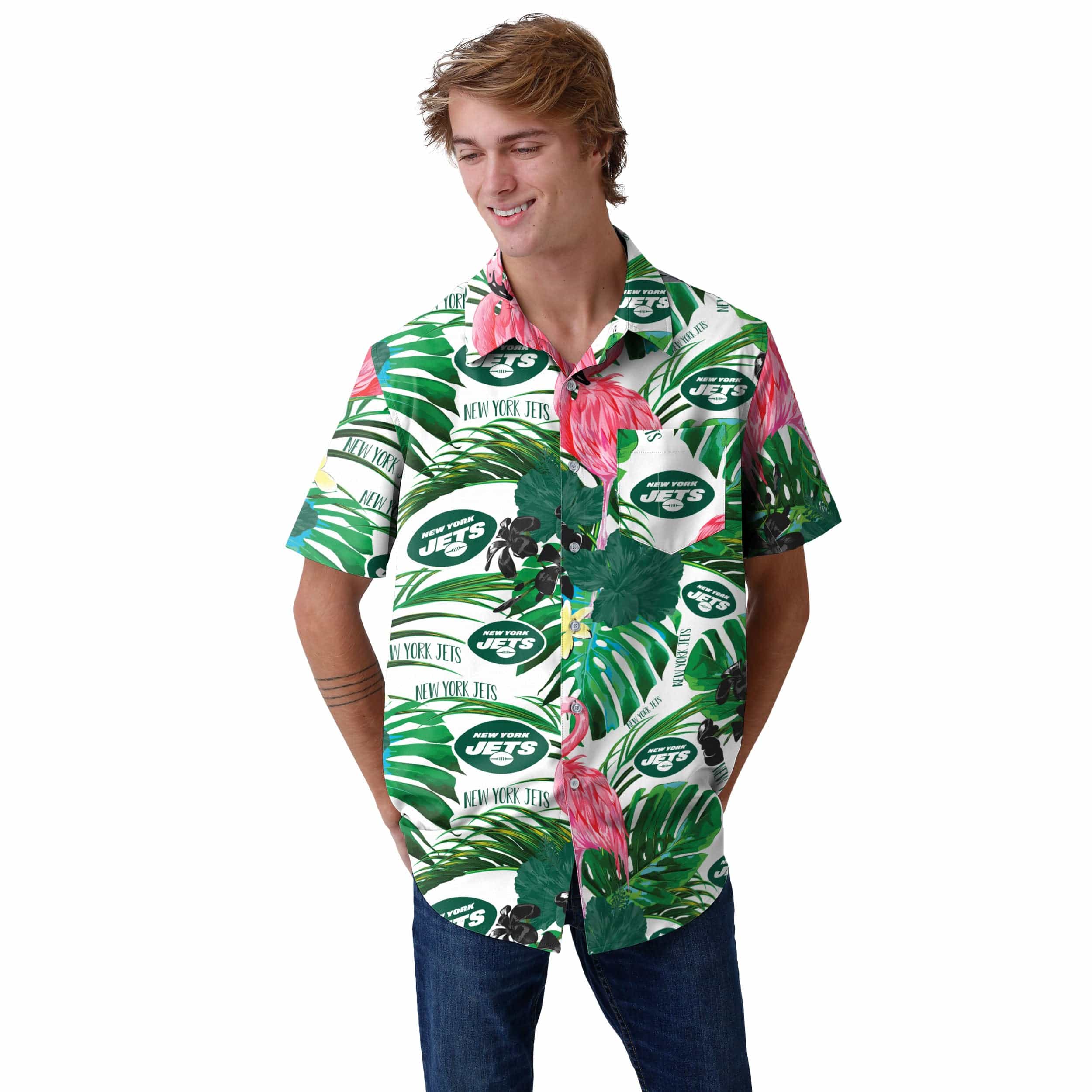 New York Jets NFL Mens Flamingo Button Up Shirt - Image 2