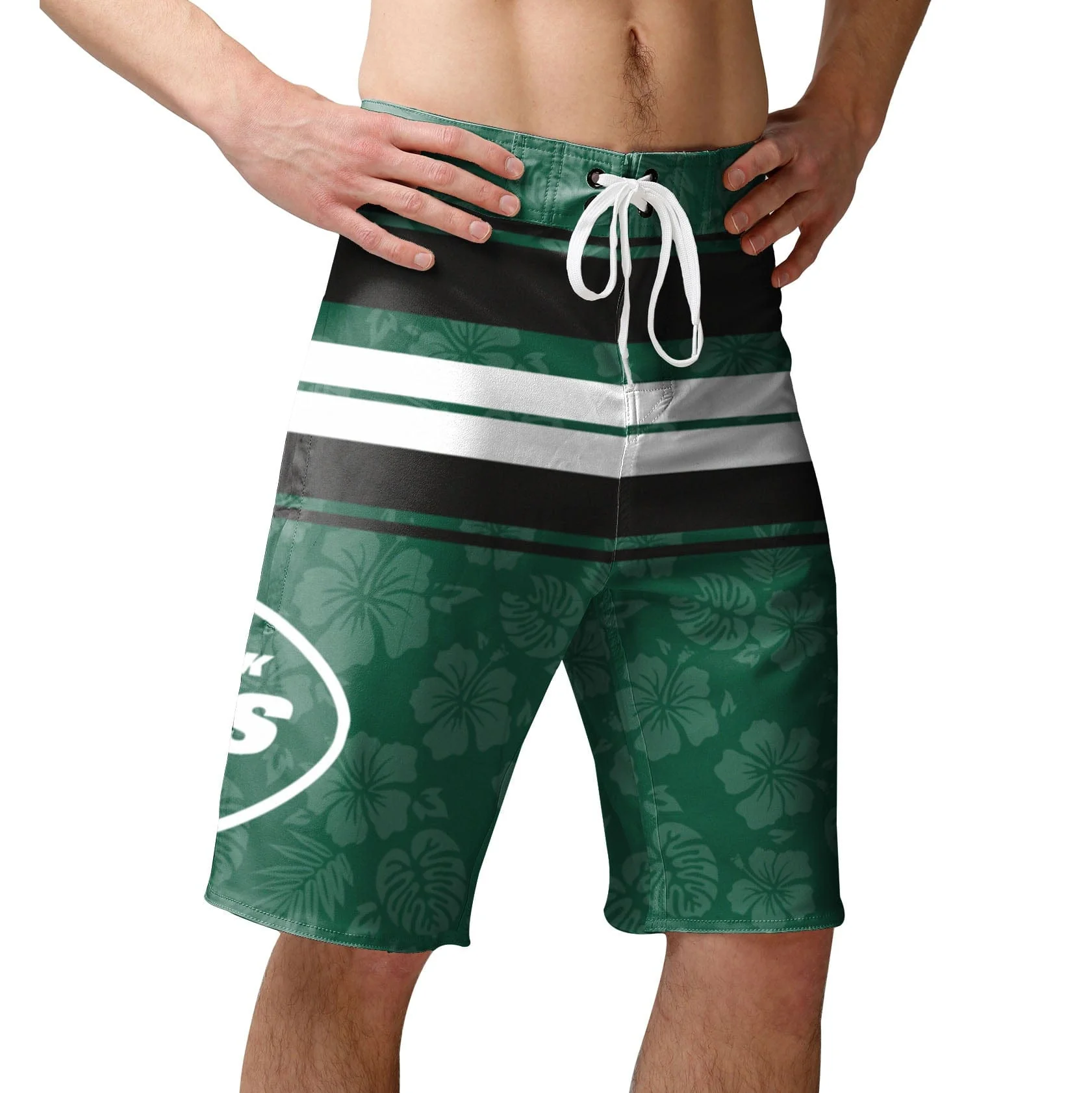 New York Jets NFL Mens Hibiscus Boardwalk Stripe Boardshorts - Image 2