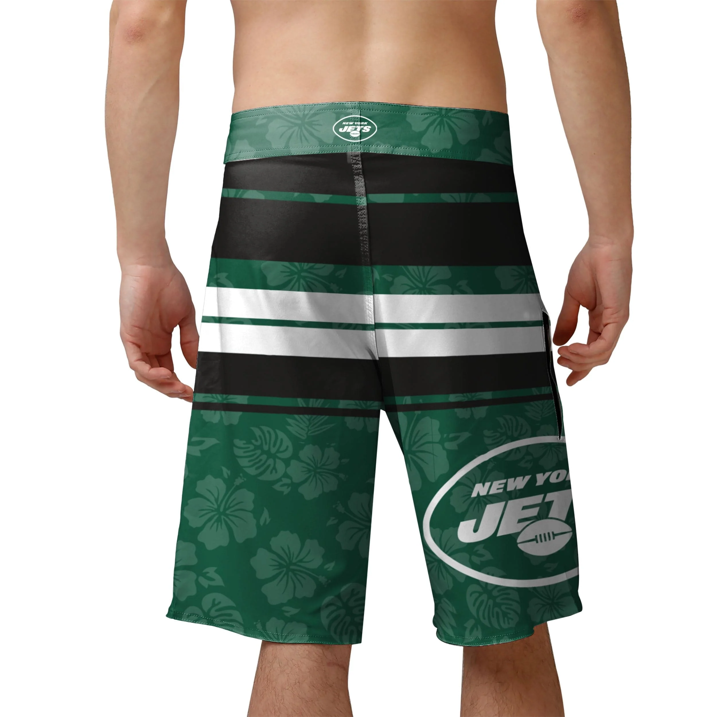 New York Jets NFL Mens Hibiscus Boardwalk Stripe Boardshorts - Image 3