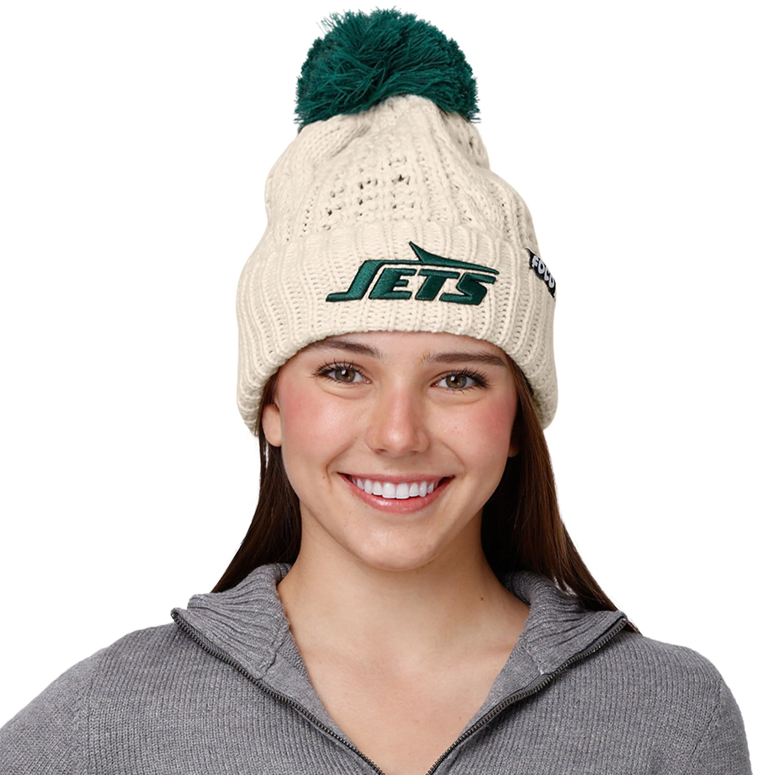 New York Jets NFL Womens Primary Logo White Cable Knit Pom Beanie - Image 3