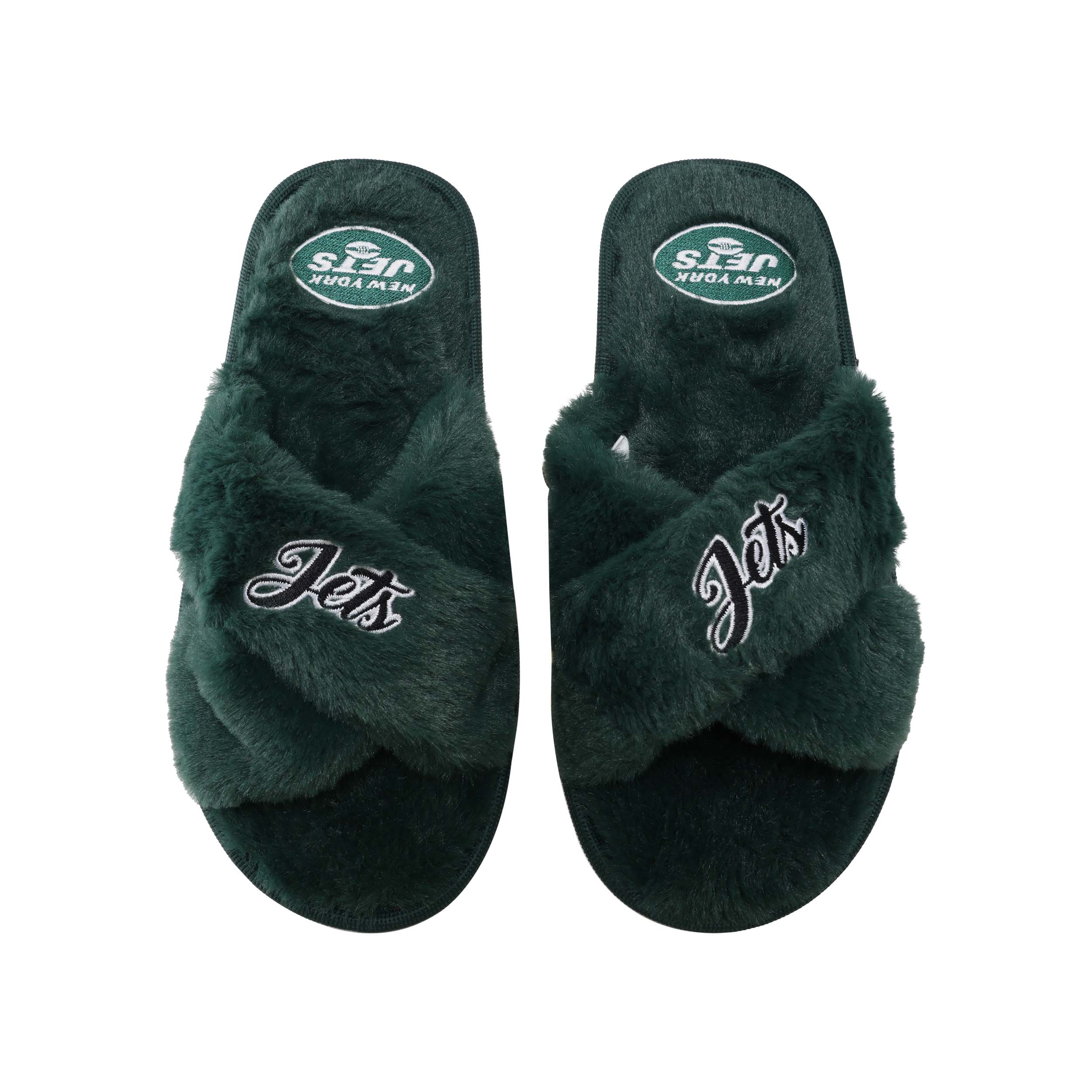 New York Jets NFL Womens Script Wordmark Fur Cross Slide - Image 2