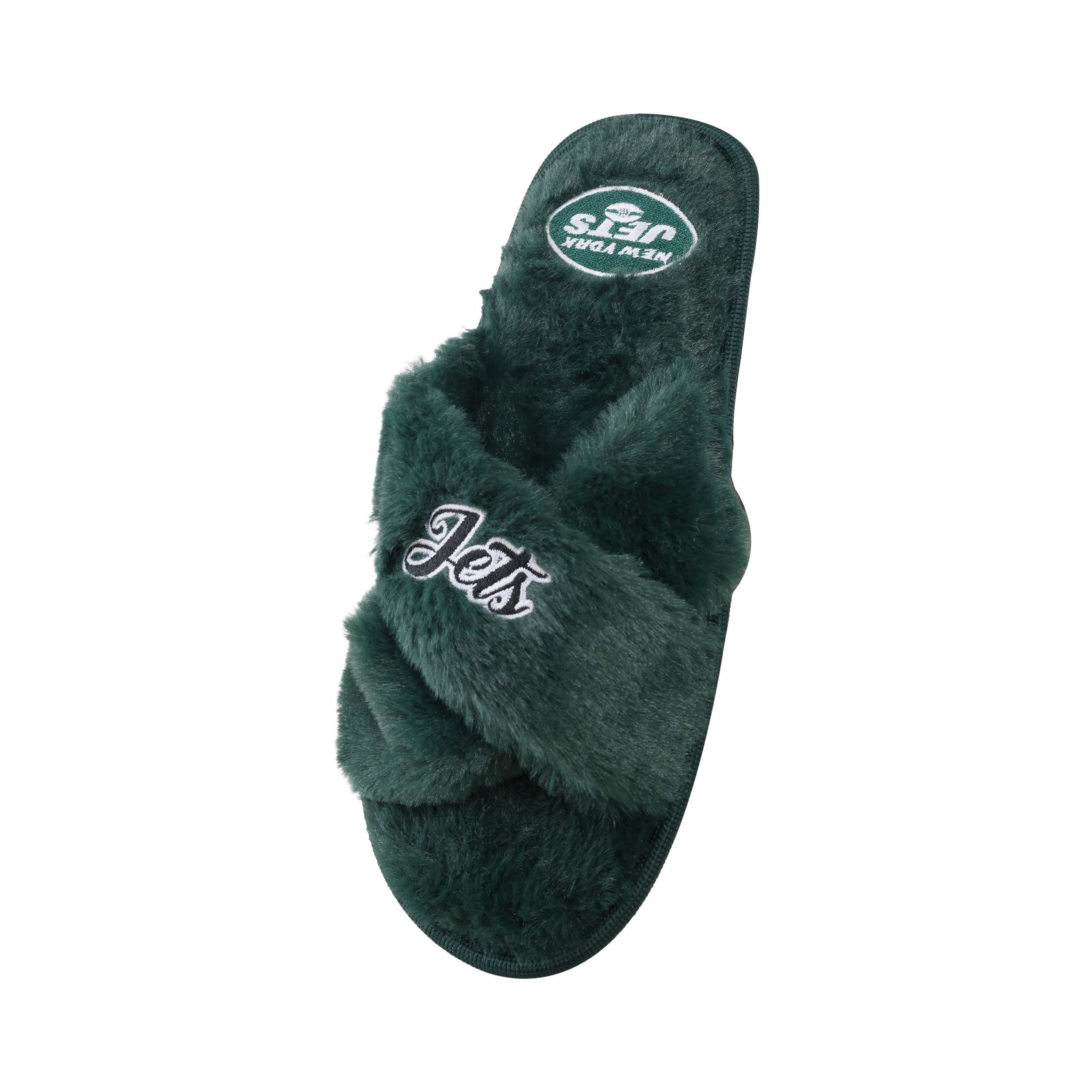 New York Jets NFL Womens Script Wordmark Fur Cross Slide - Image 3