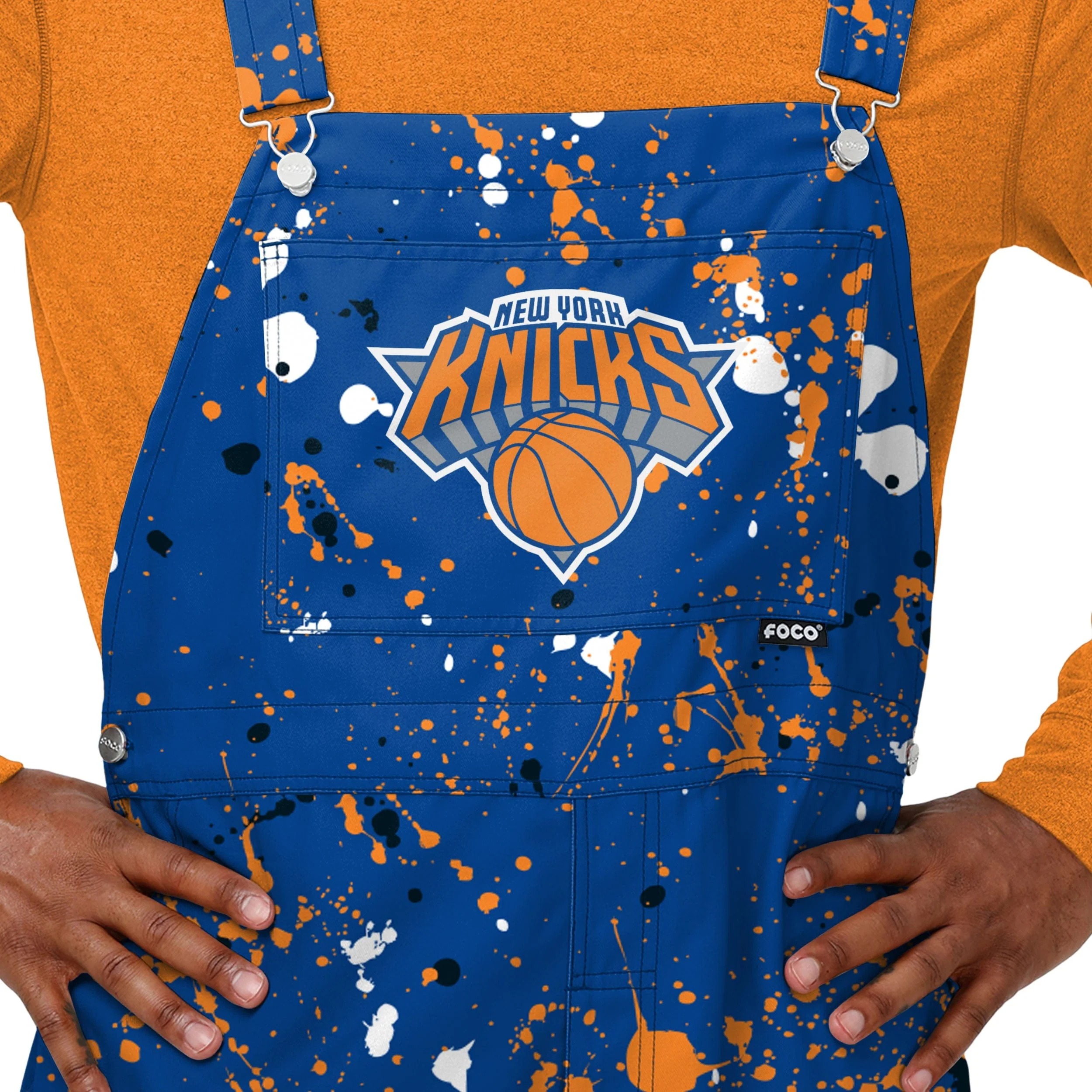 New York Knicks NBA Mens Paint Splatter Bib Overalls - Image 3