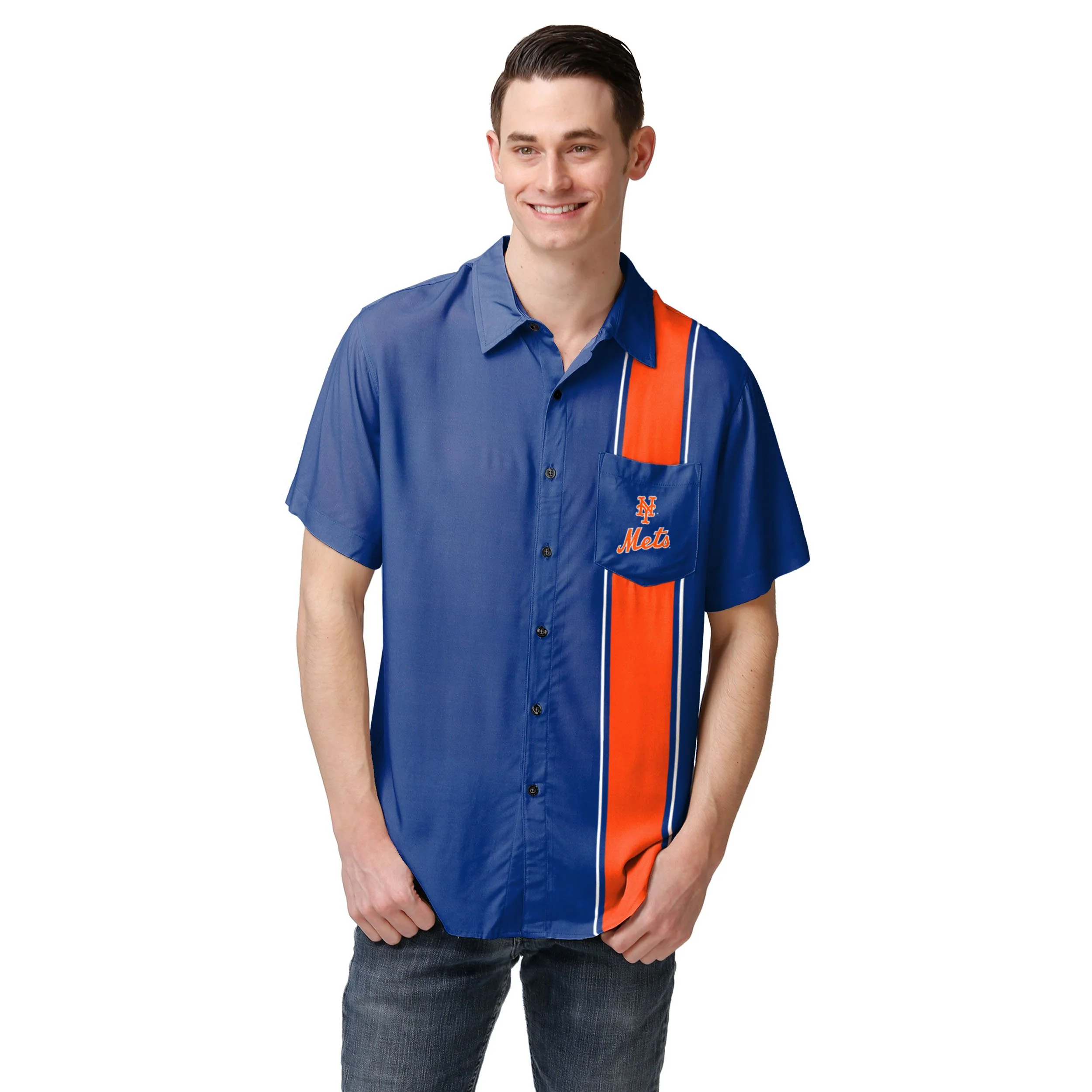 New York Mets MLB Mens Bowling Stripe Button Up Shirt - Image 2