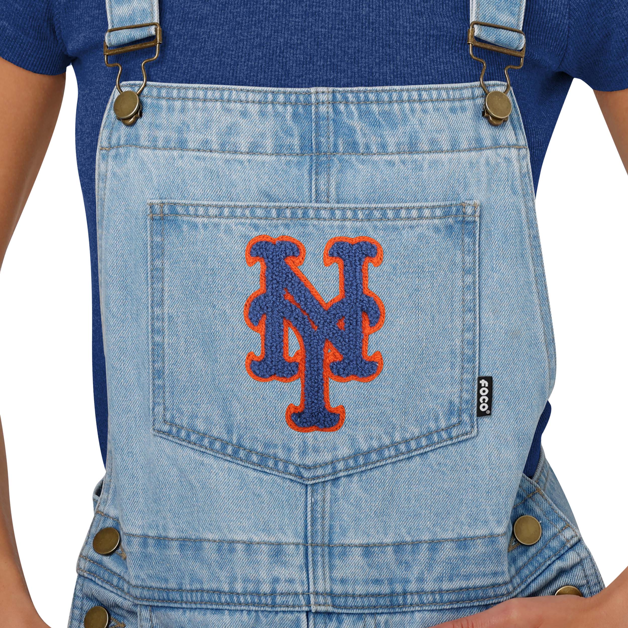 New York Mets MLB Womens Big Logo Denim Bib Shortalls - Image 3