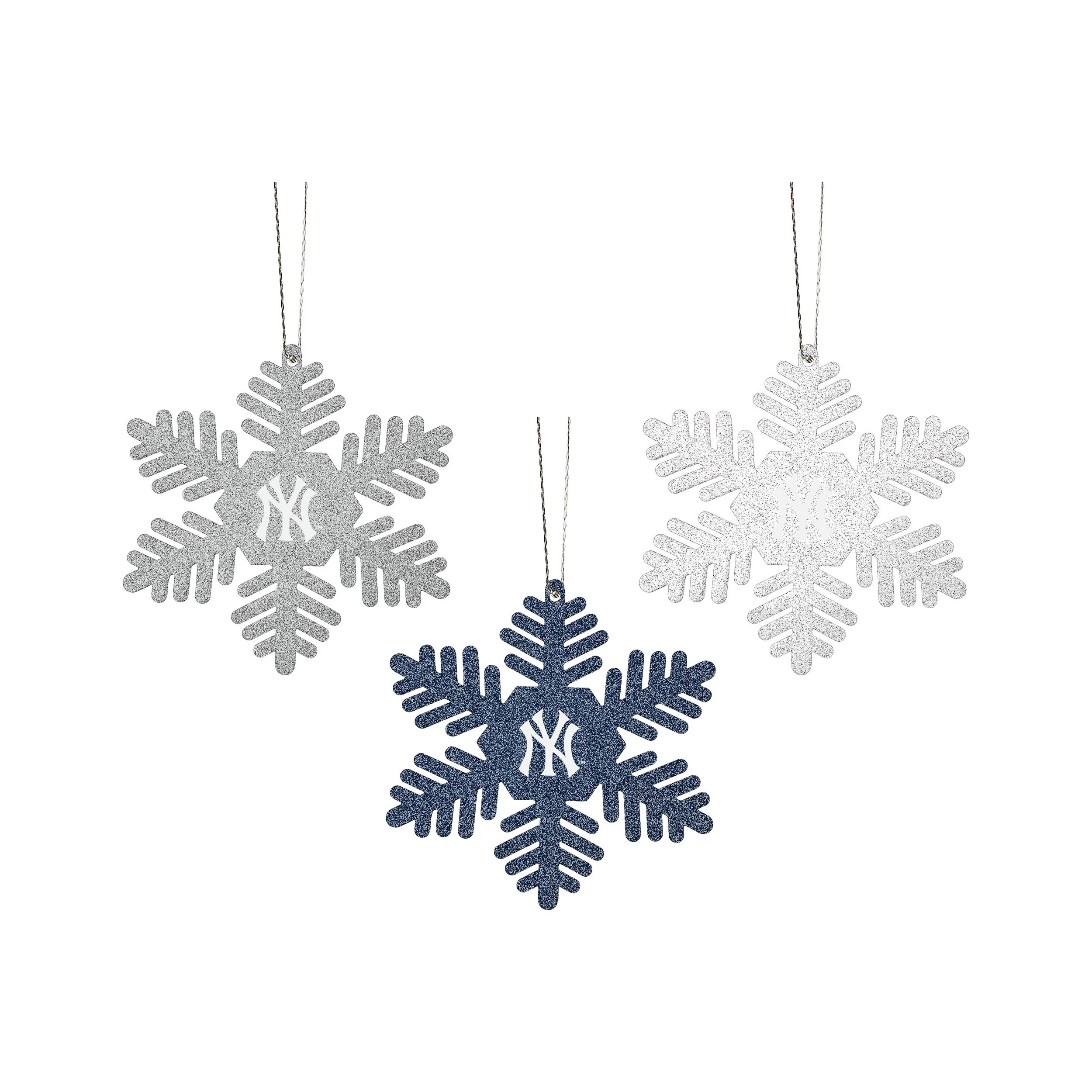 New York Yankees MLB 3 Pack Metal Glitter Snowflake Ornament