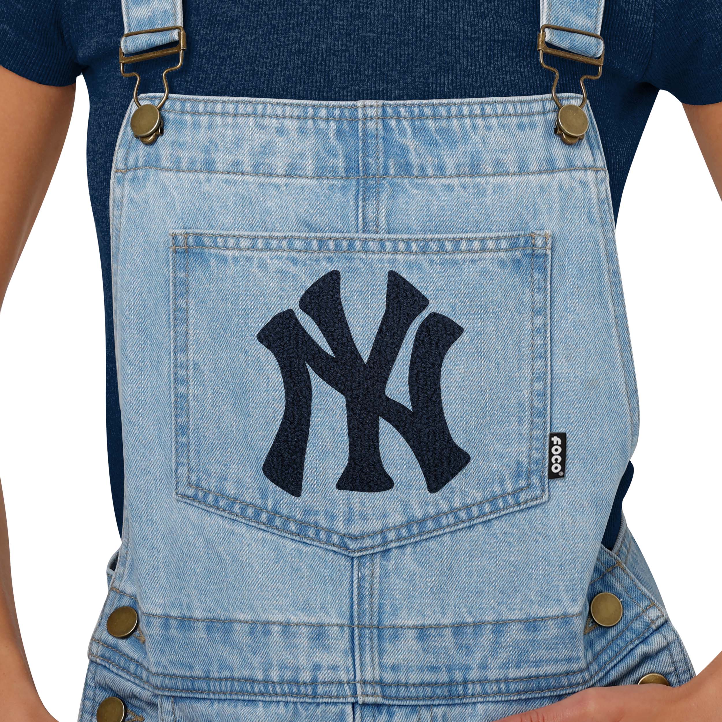 New York Yankees MLB Womens Big Logo Denim Bib Shortalls - Image 3