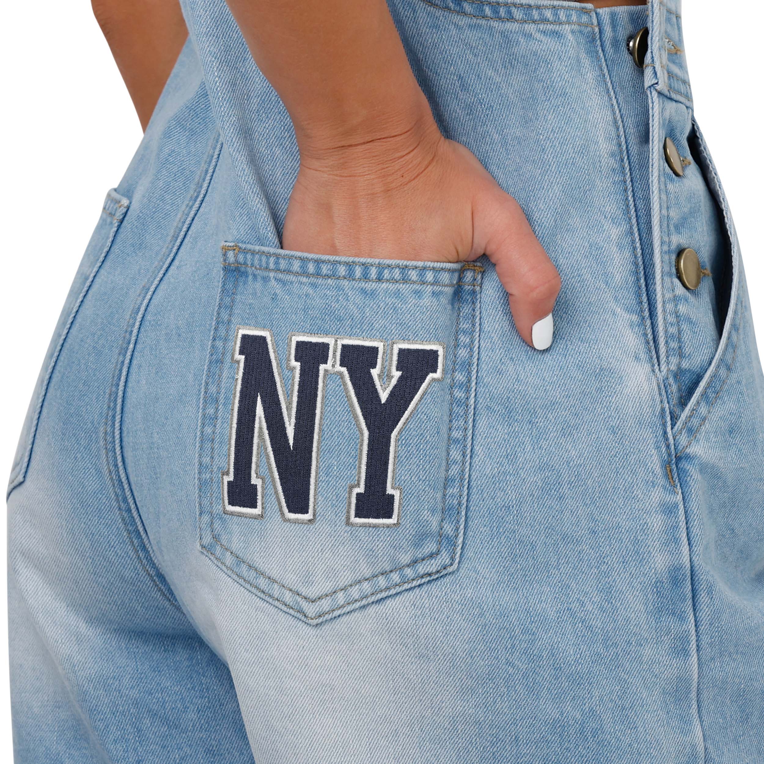 New York Yankees MLB Womens Big Logo Denim Bib Shortalls - Image 5