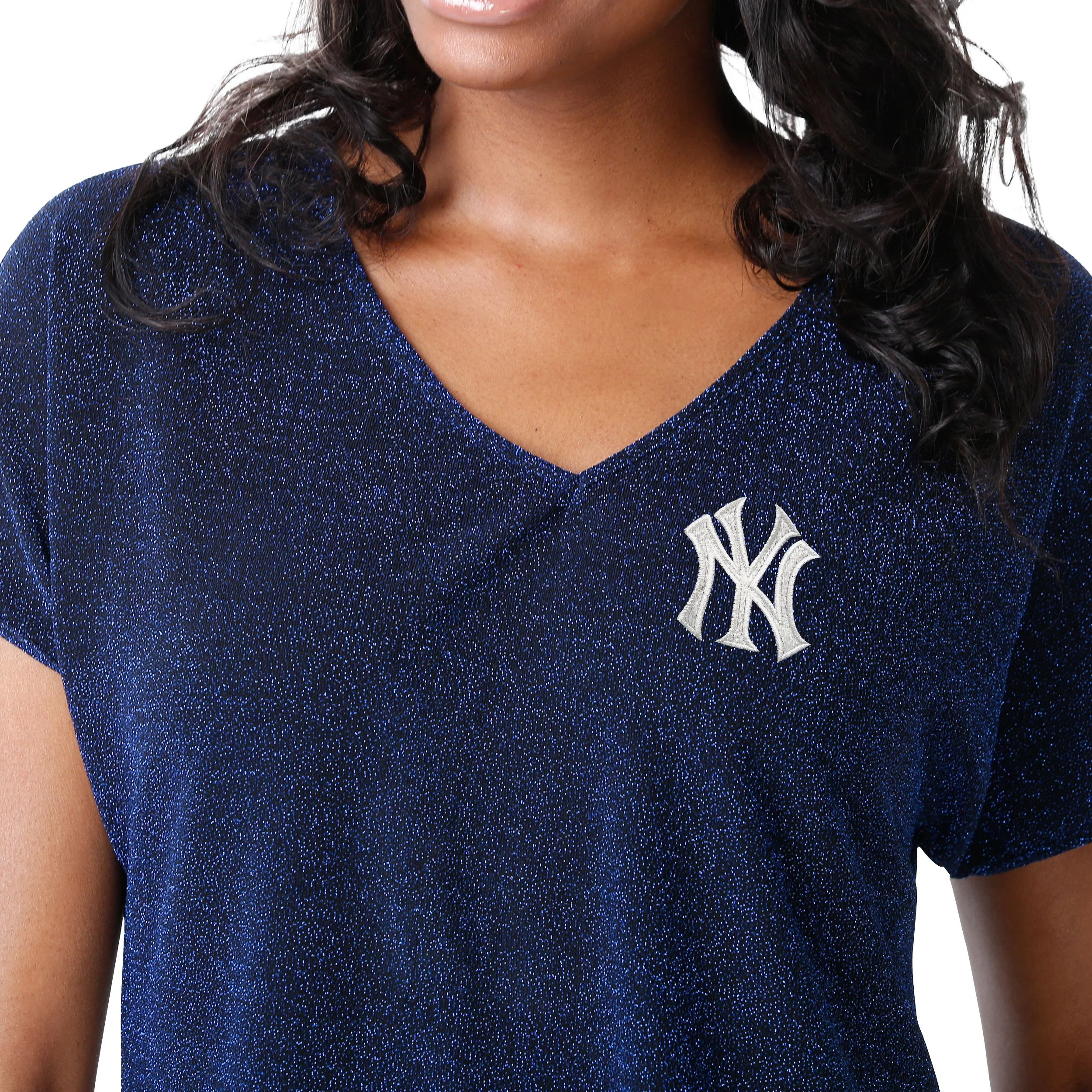 New York Yankees MLB Womens Gametime Glitter V-Neck T-Shirt - Image 3