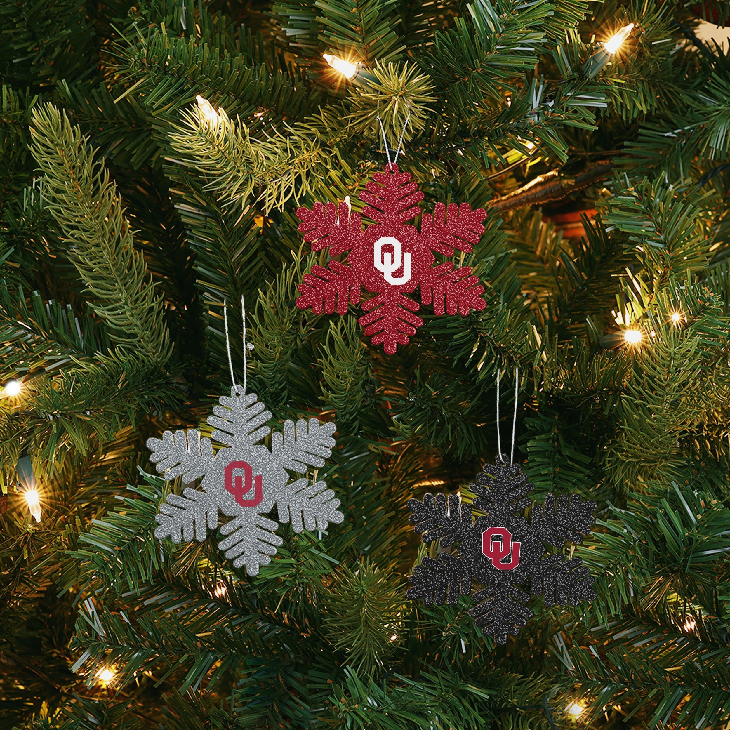 Oklahoma Sooners NCAA 3 Pack Metal Glitter Snowflake Ornament - Image 2