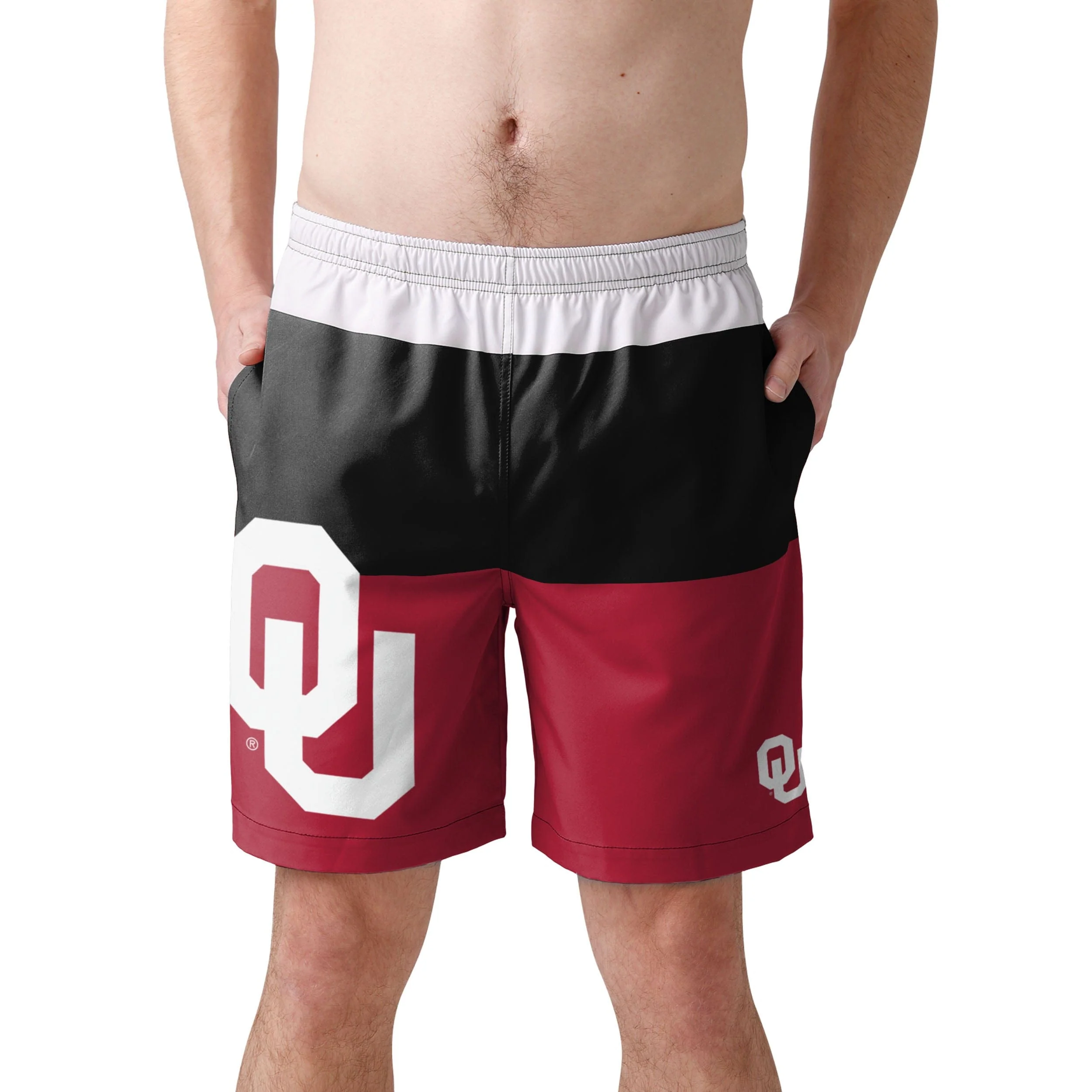 Oklahoma Sooners NCAA Mens 3 Stripe Big Logo Swimming Trunks - Image 2