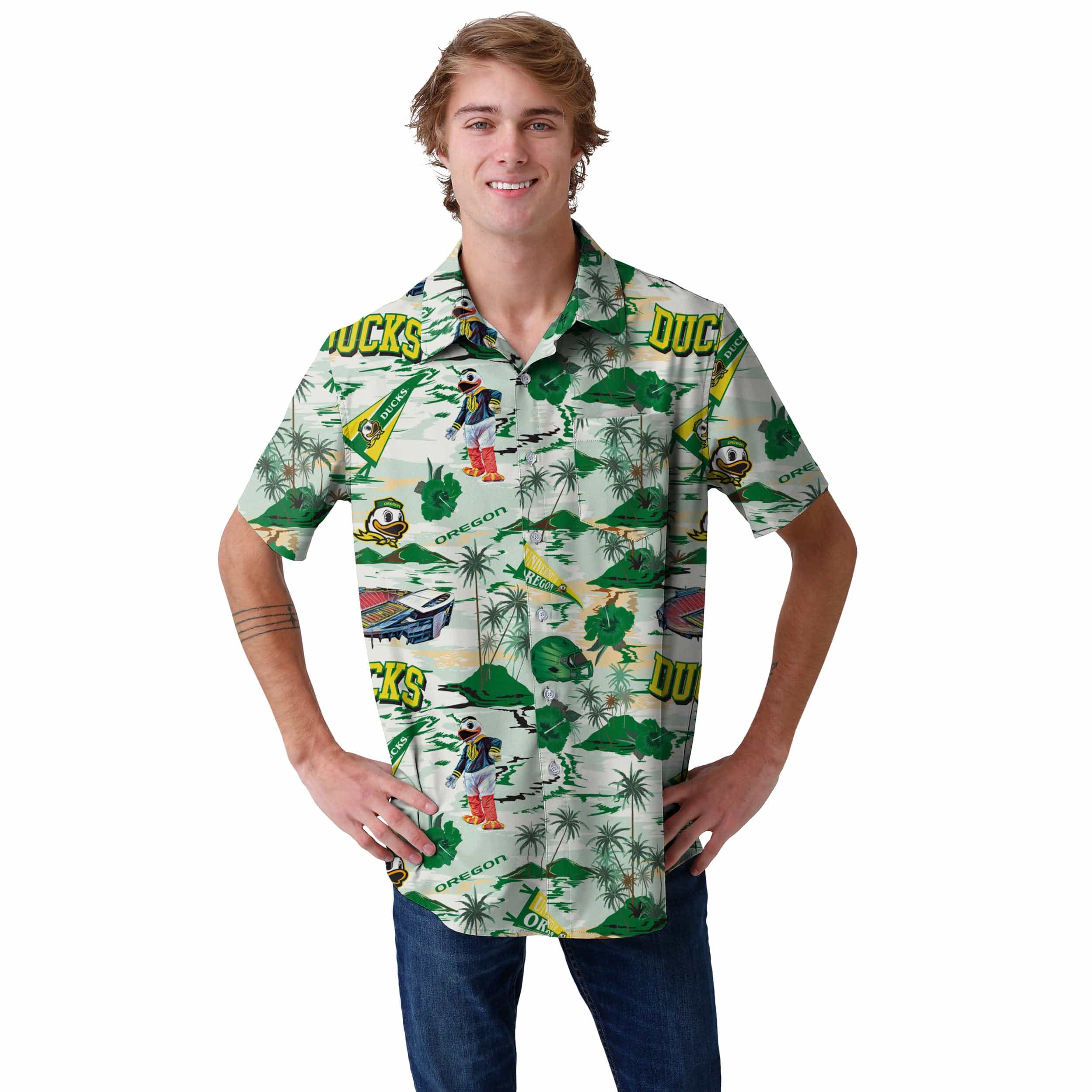 Oregon Ducks NCAA Mens Thematic Stadium Print Button Up Shirt - Image 2