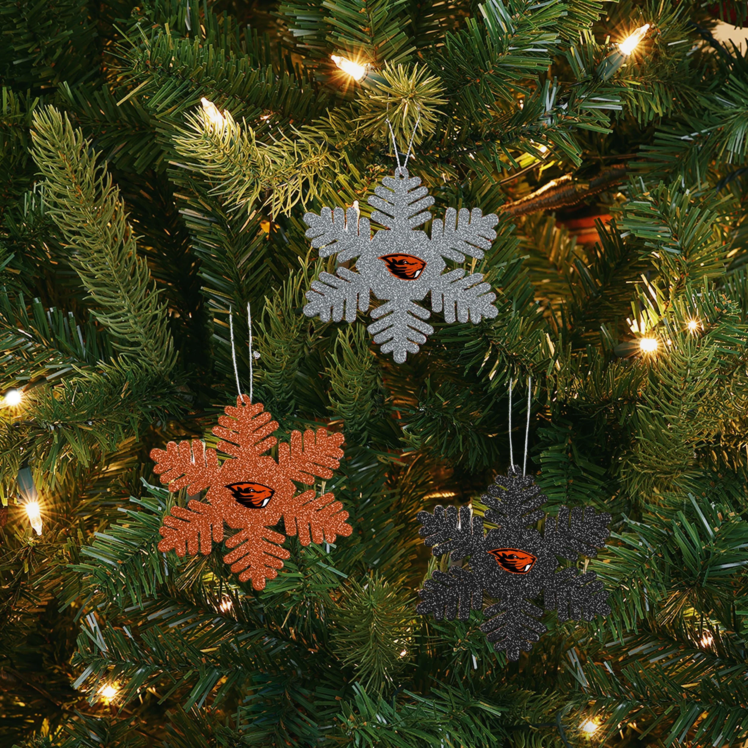 Oregon State Beavers NCAA 3 Pack Metal Glitter Snowflake Ornament - Image 2