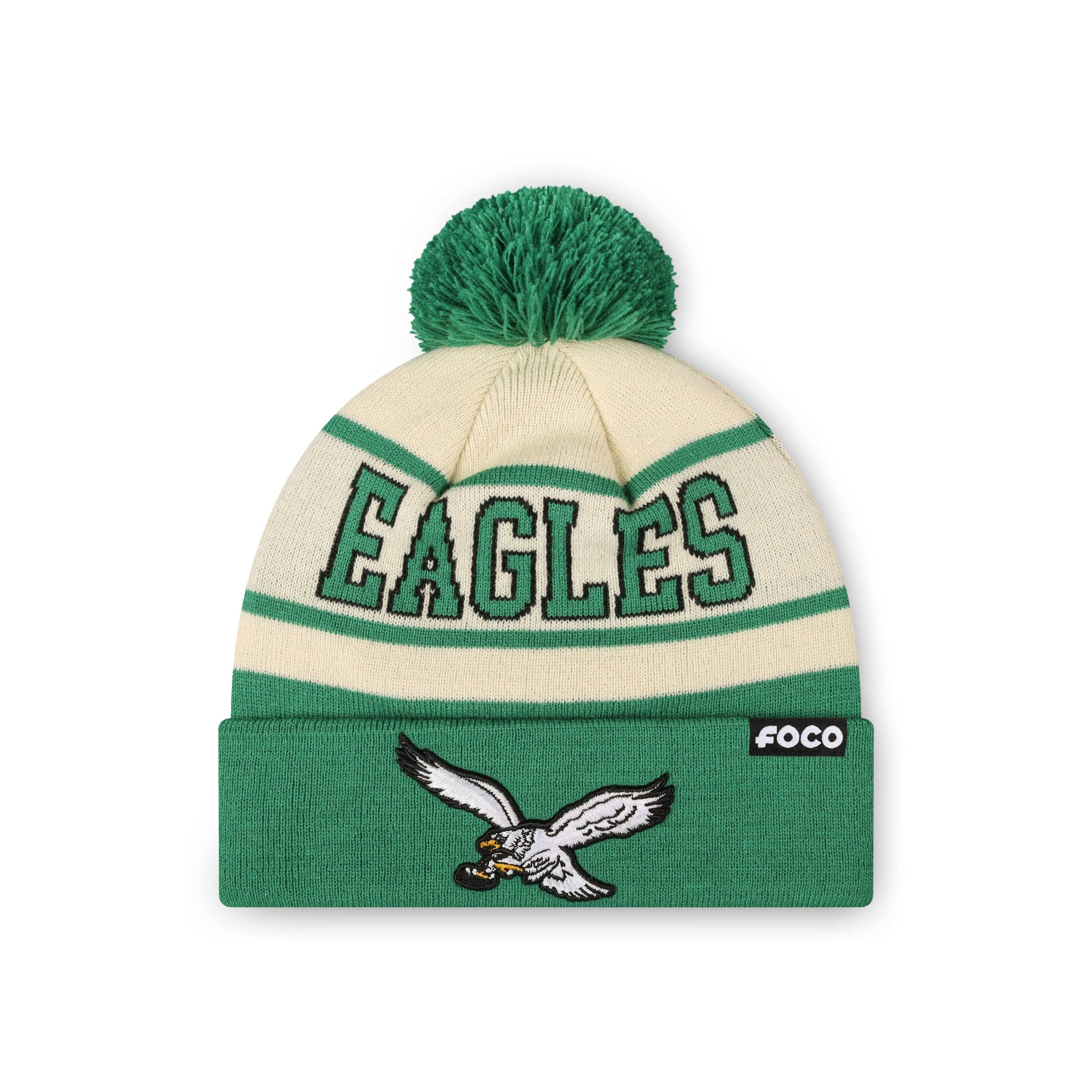 Philadelphia Eagles NFL Cream Heritage Stripe Retro Logo Pom Beanie