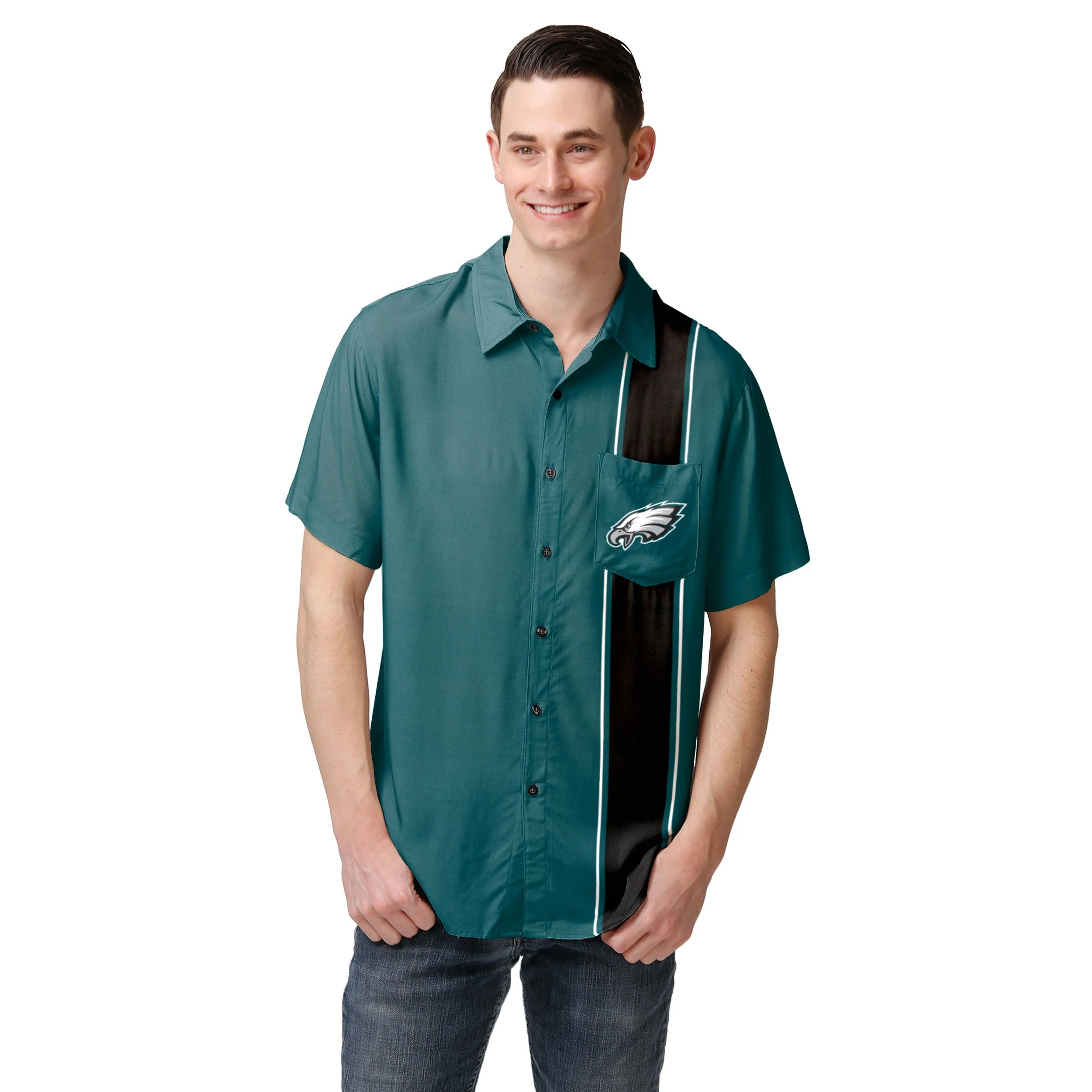 Philadelphia Eagles NFL Mens Bowling Stripe Button Up Shirt - Image 2