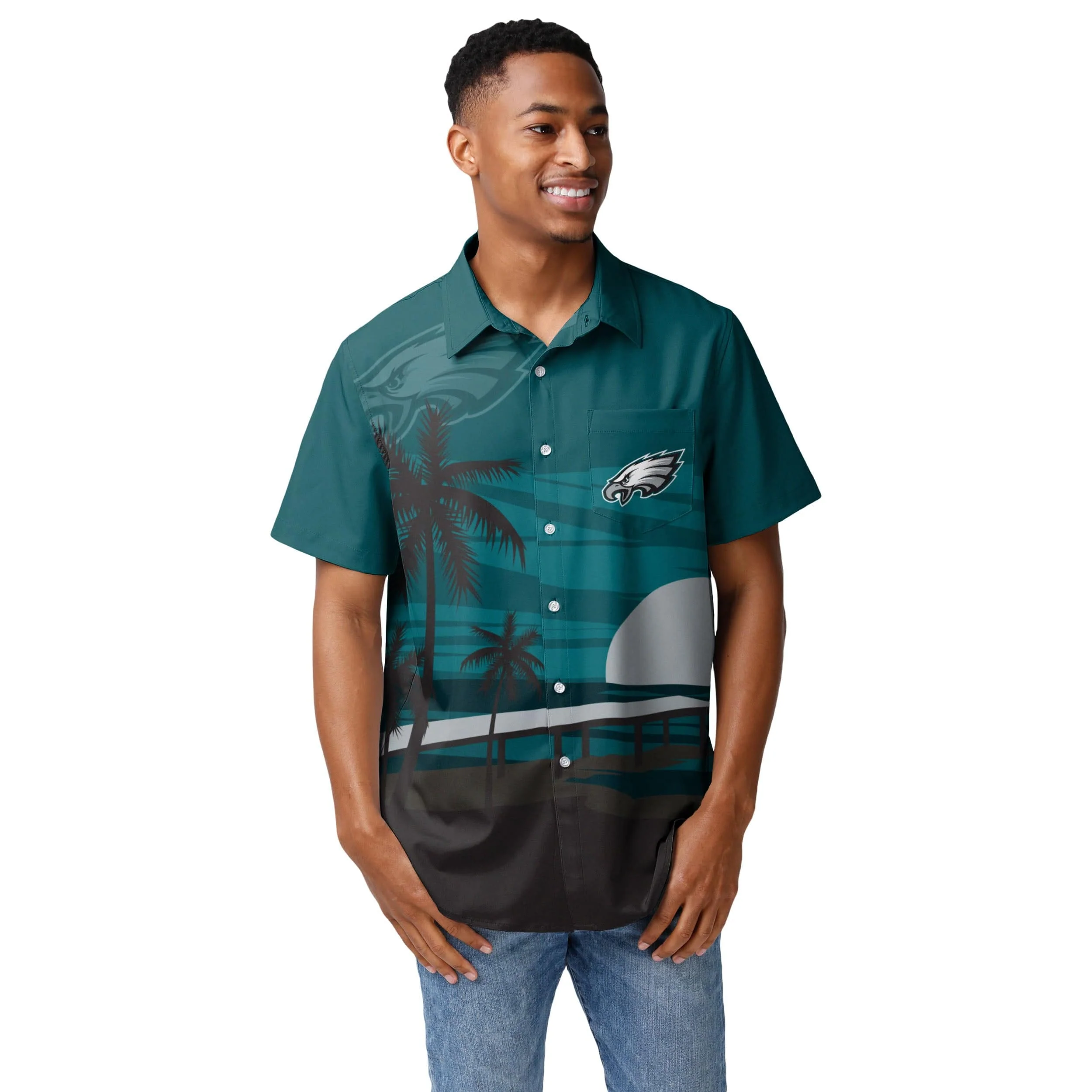 Philadelphia Eagles NFL Mens Tropical Sunset Button Up Shirt - Image 2