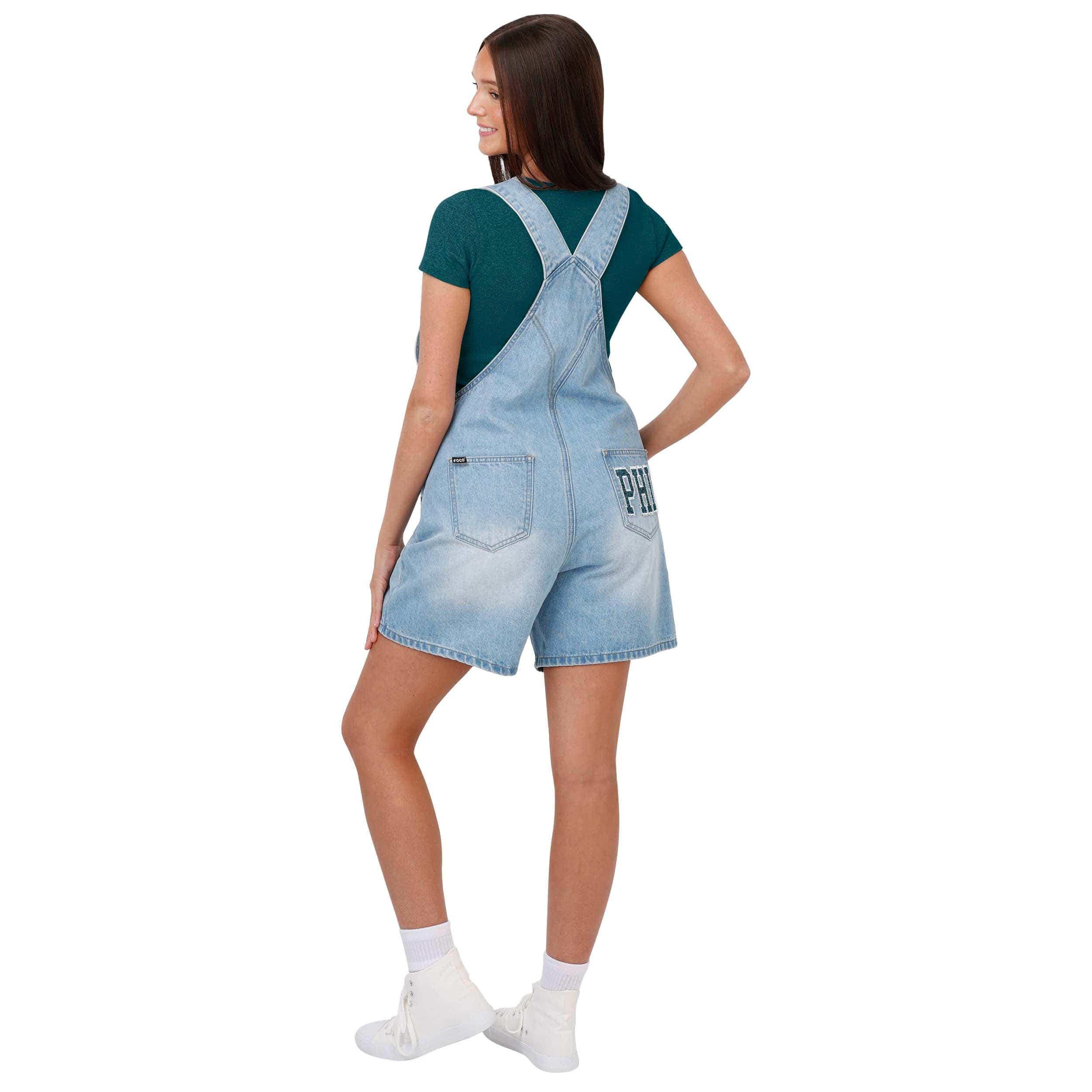 Philadelphia Eagles NFL Womens Big Logo Denim Bib Shortalls - Image 2