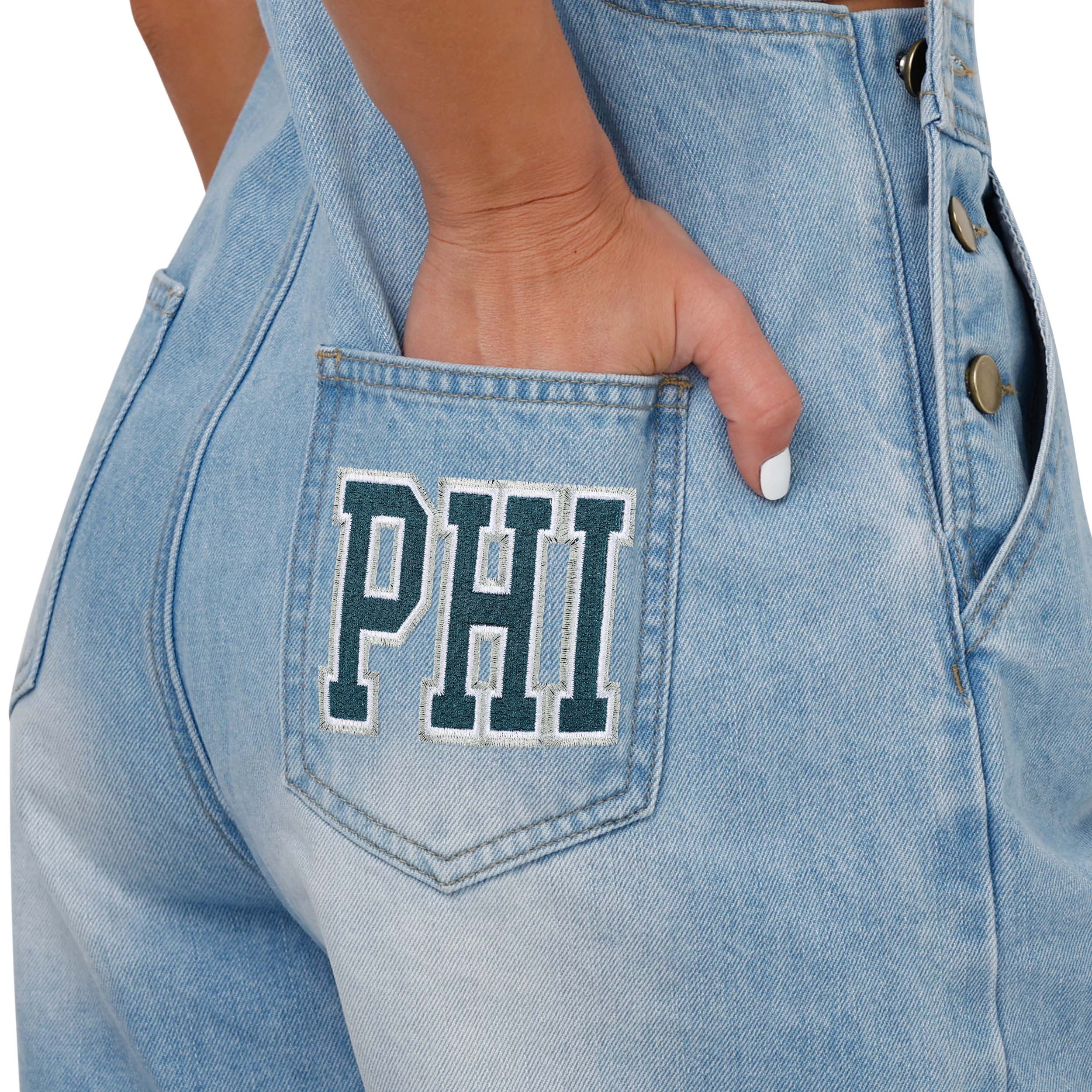 Philadelphia Eagles NFL Womens Big Logo Denim Bib Shortalls - Image 5