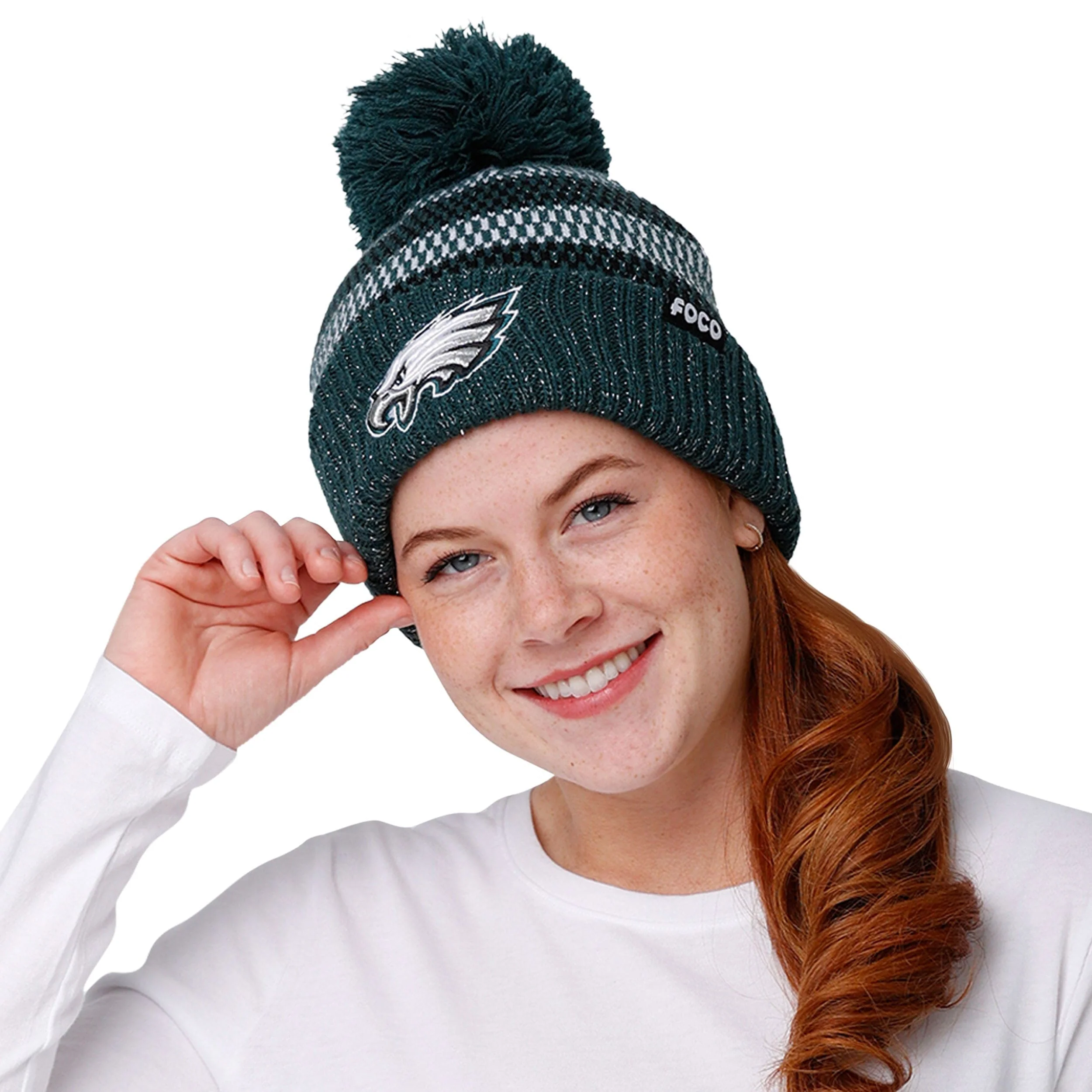 Philadelphia Eagles NFL Womens Cozy Knit Metallic Thread Pom Beanie - Image 3