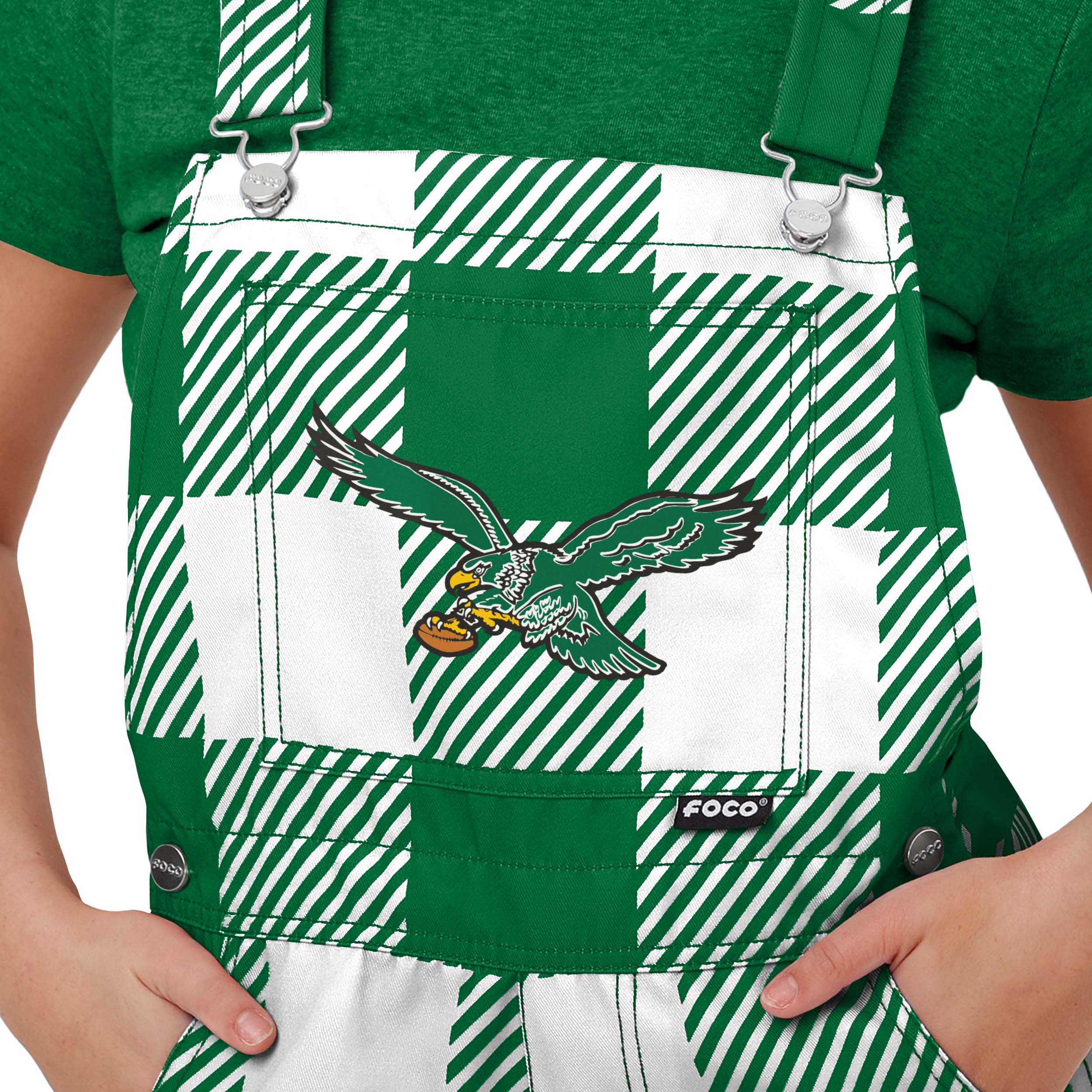 Philadelphia Eagles NFL Womens Kelly Green Plaid Bib Shortalls - Image 3