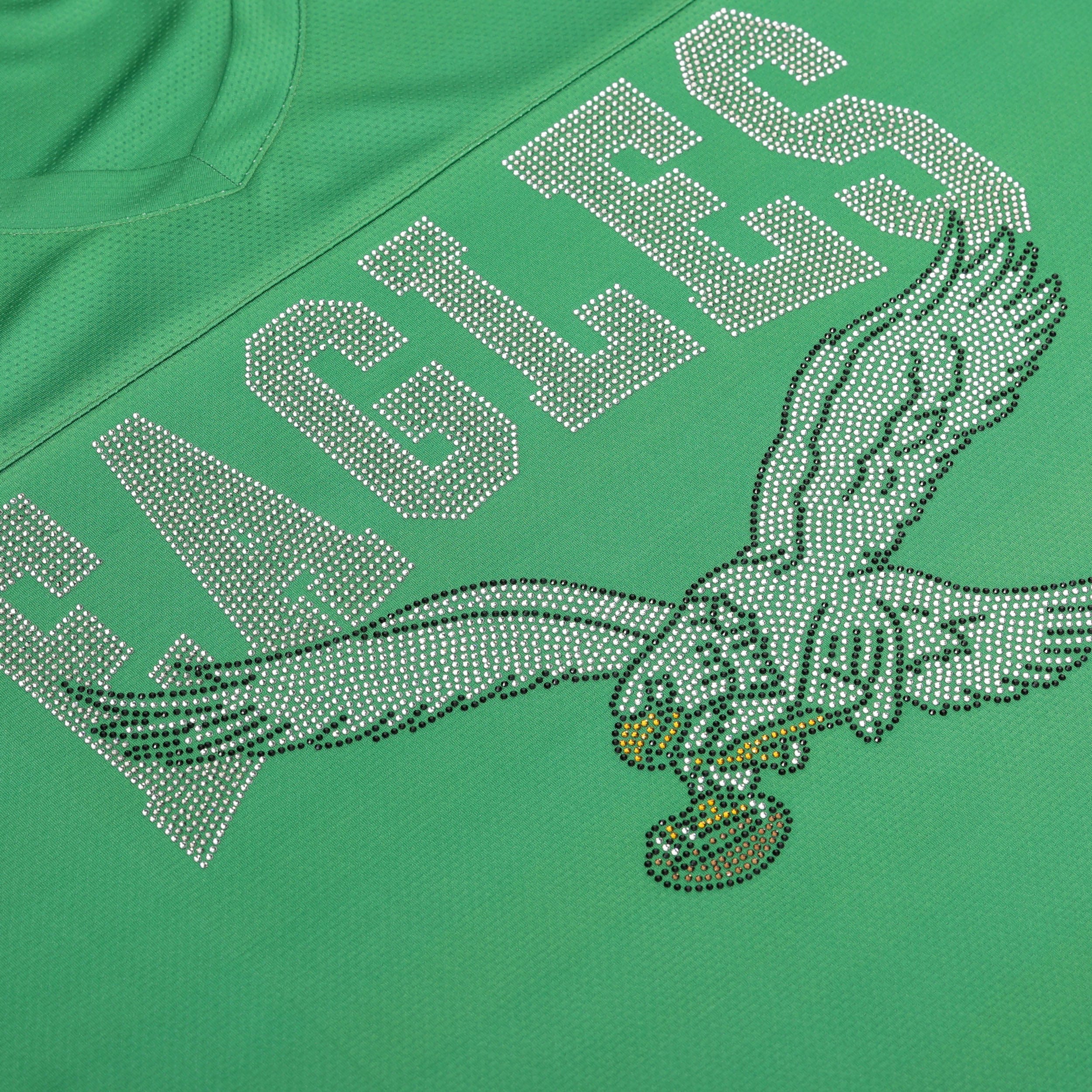 Philadelphia Eagles NFL Womens Kelly Green Rhinestone Logo Oversized V-Neck Mesh T-Shirt - Image 2
