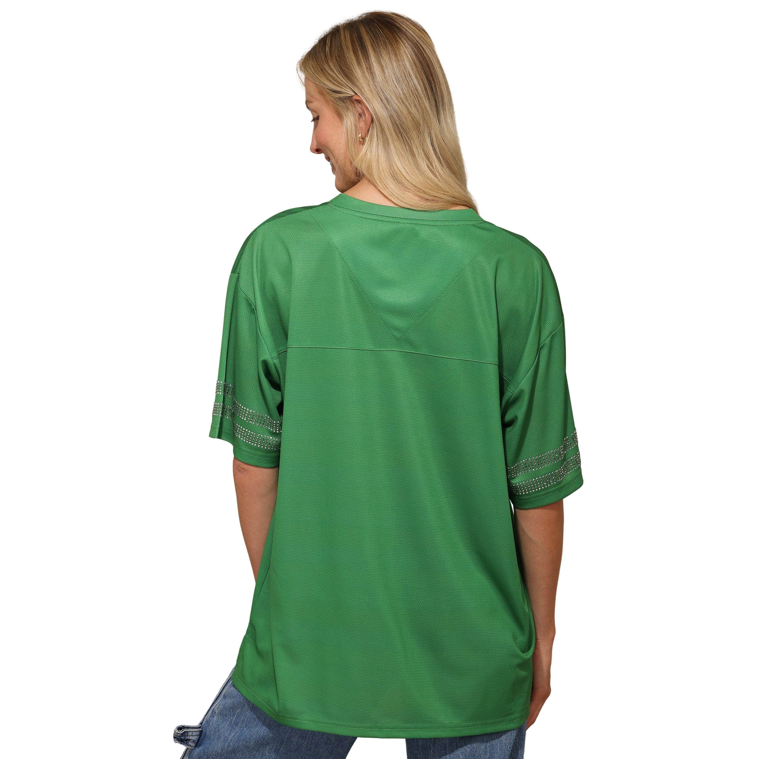 Philadelphia Eagles NFL Womens Kelly Green Rhinestone Logo Oversized V-Neck Mesh T-Shirt - Image 4