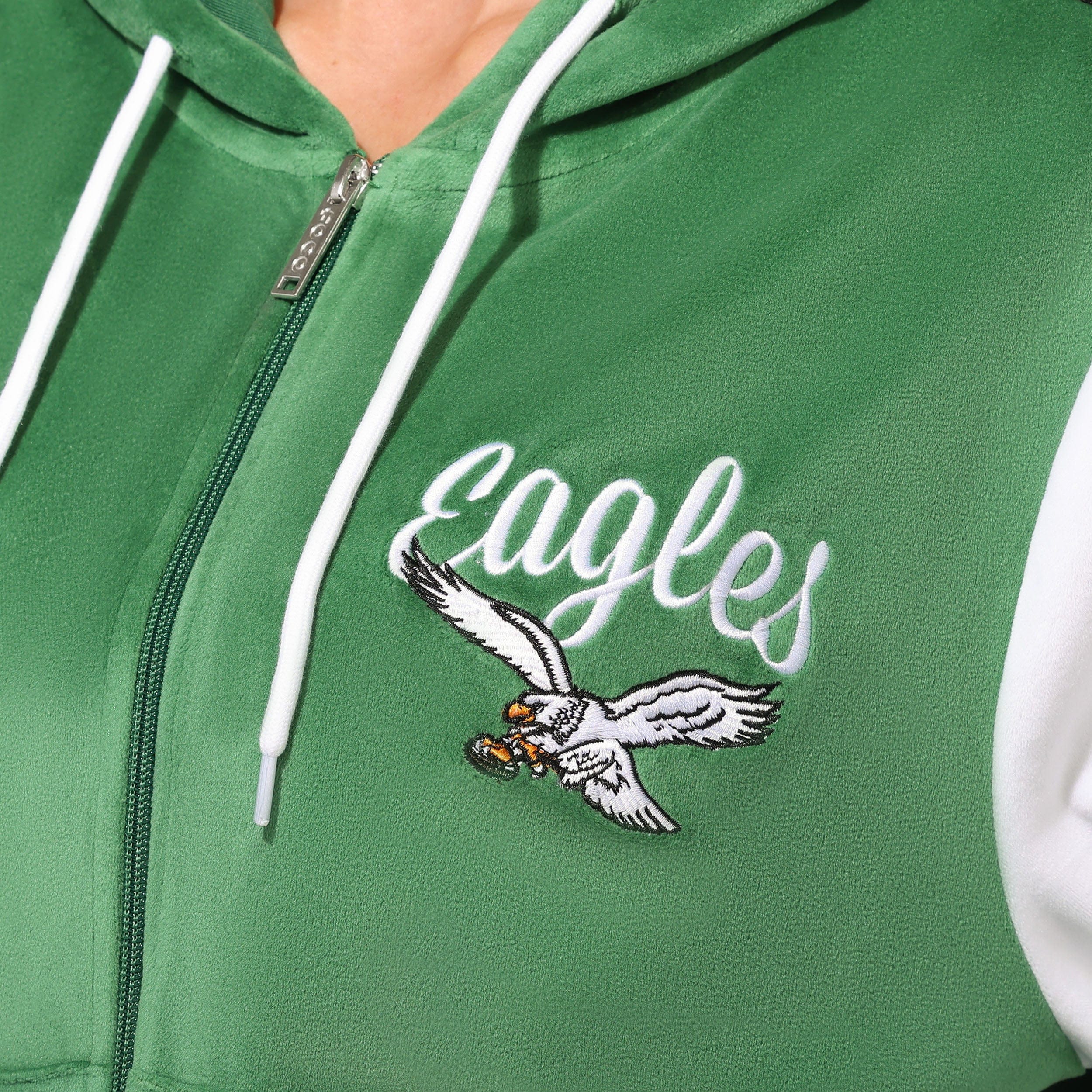 Philadelphia Eagles NFL Womens Kelly Green Two Tone Velour Zip Up Top - Image 3