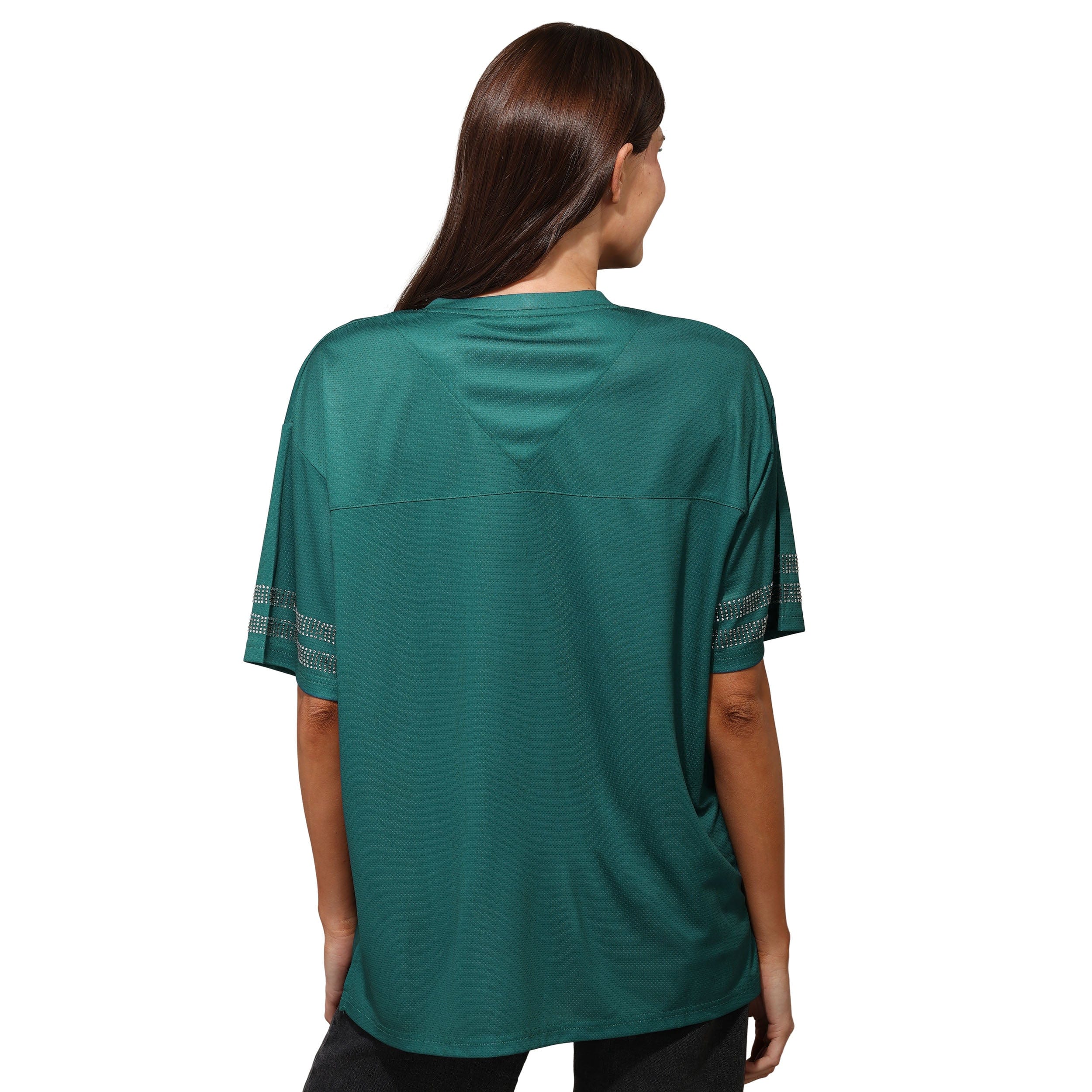 Philadelphia Eagles NFL Womens Rhinestone Logo Oversized V-Neck Mesh T-Shirt - Image 3