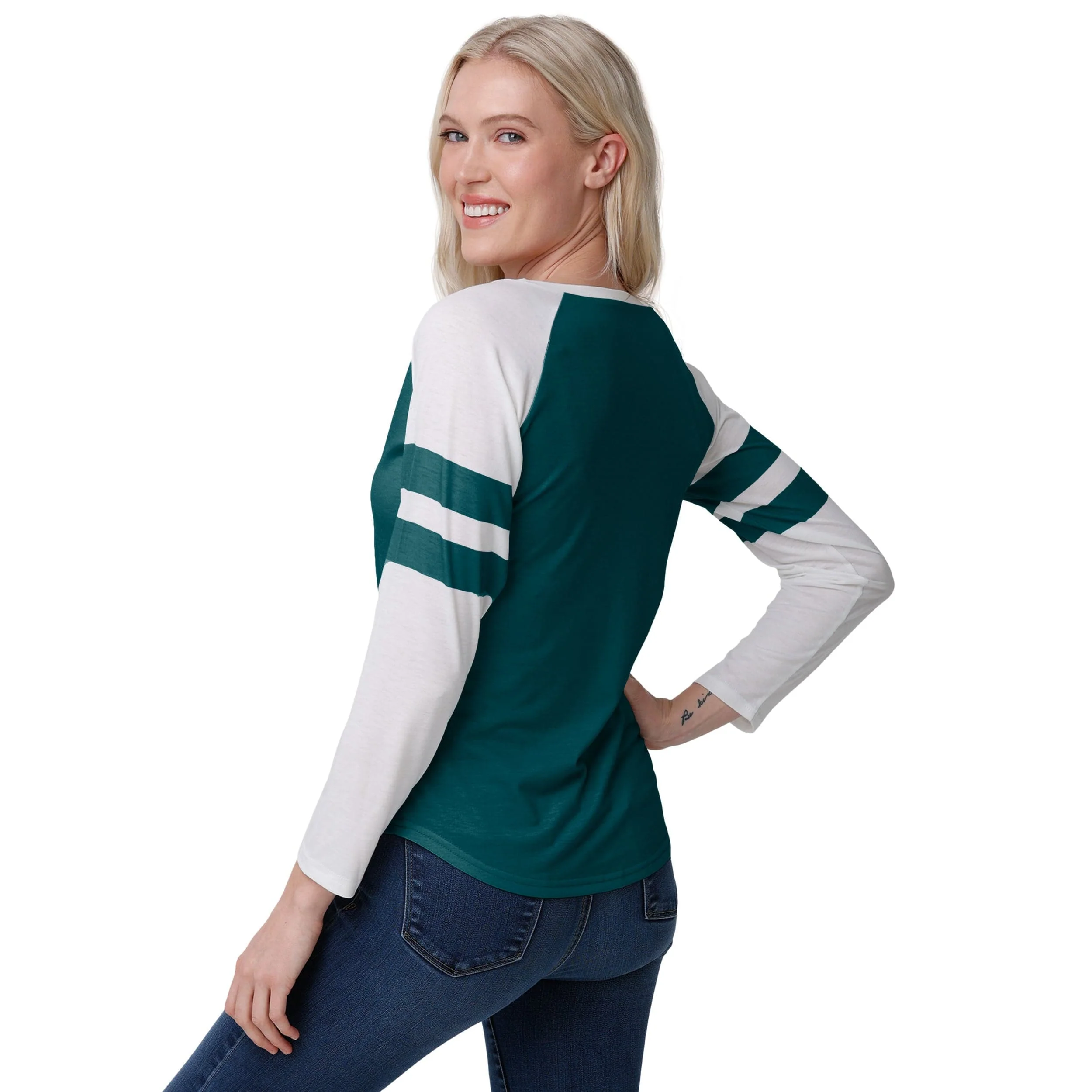 Philadelphia Eagles NFL Womens Script Wordmark Striped Sleeve Raglan T-Shirt - Image 3