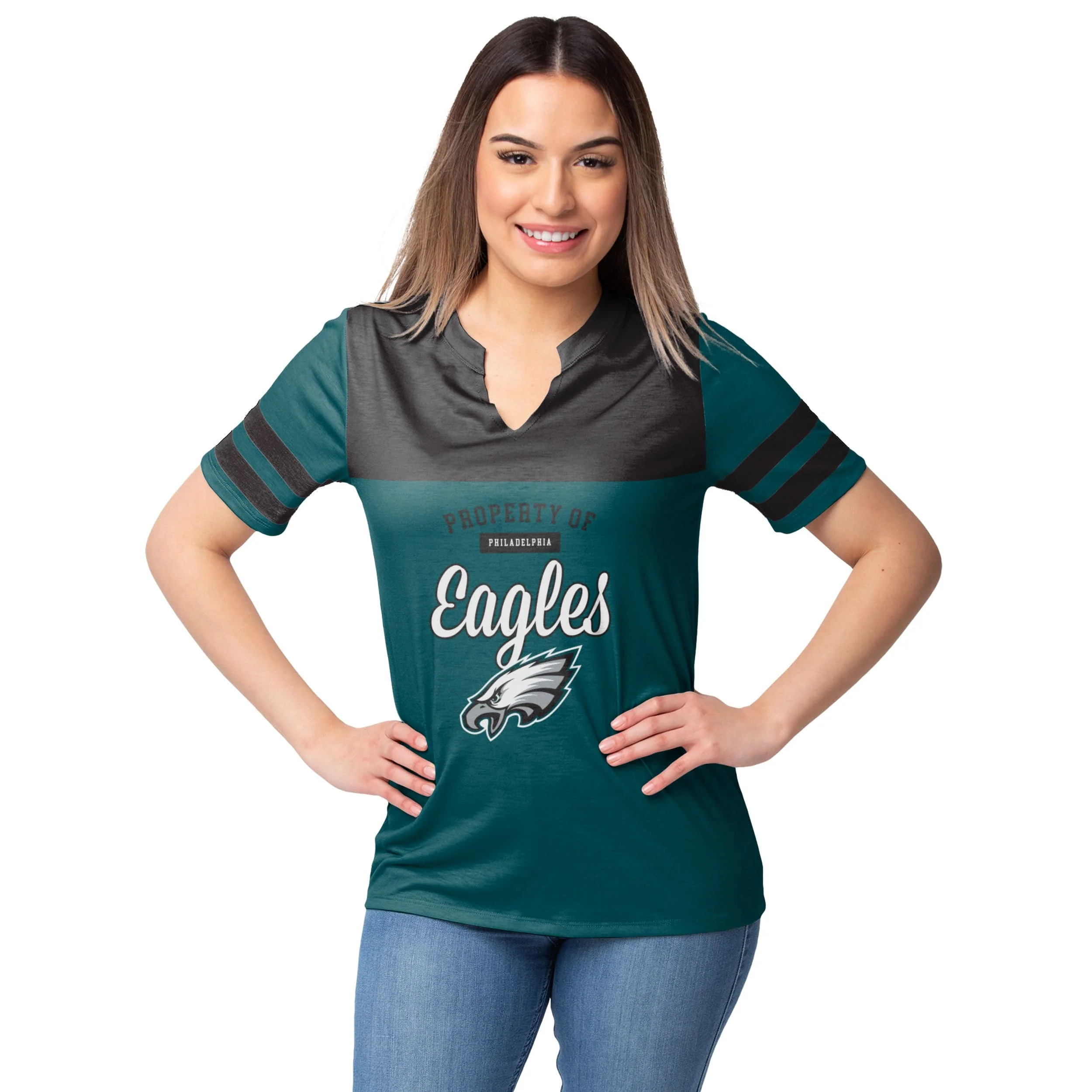 Philadelphia Eagles NFL Womens Team Stripe Property Of V-Neck T-Shirt