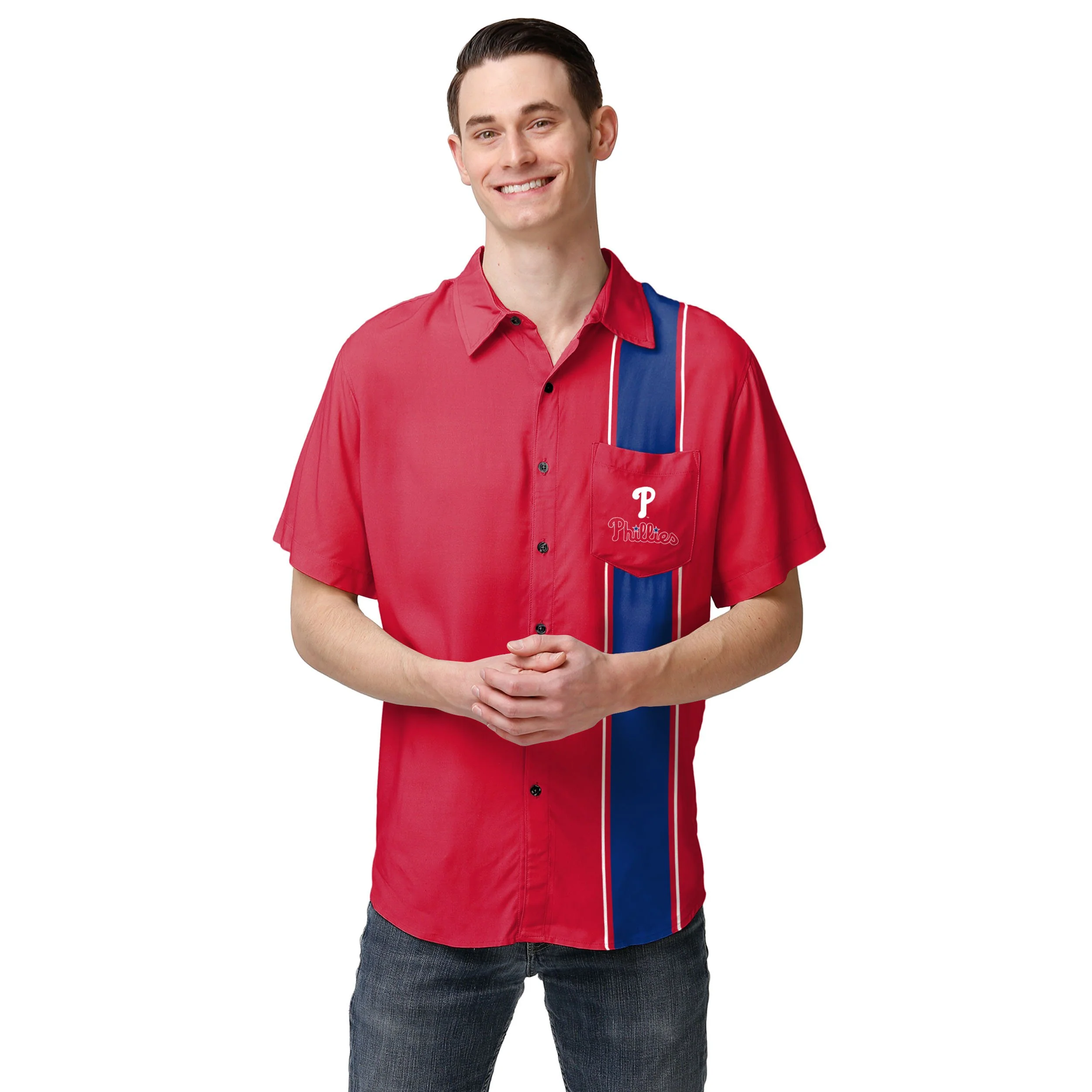 Philadelphia Phillies MLB Mens Bowling Stripe Button Up Shirt - Image 2