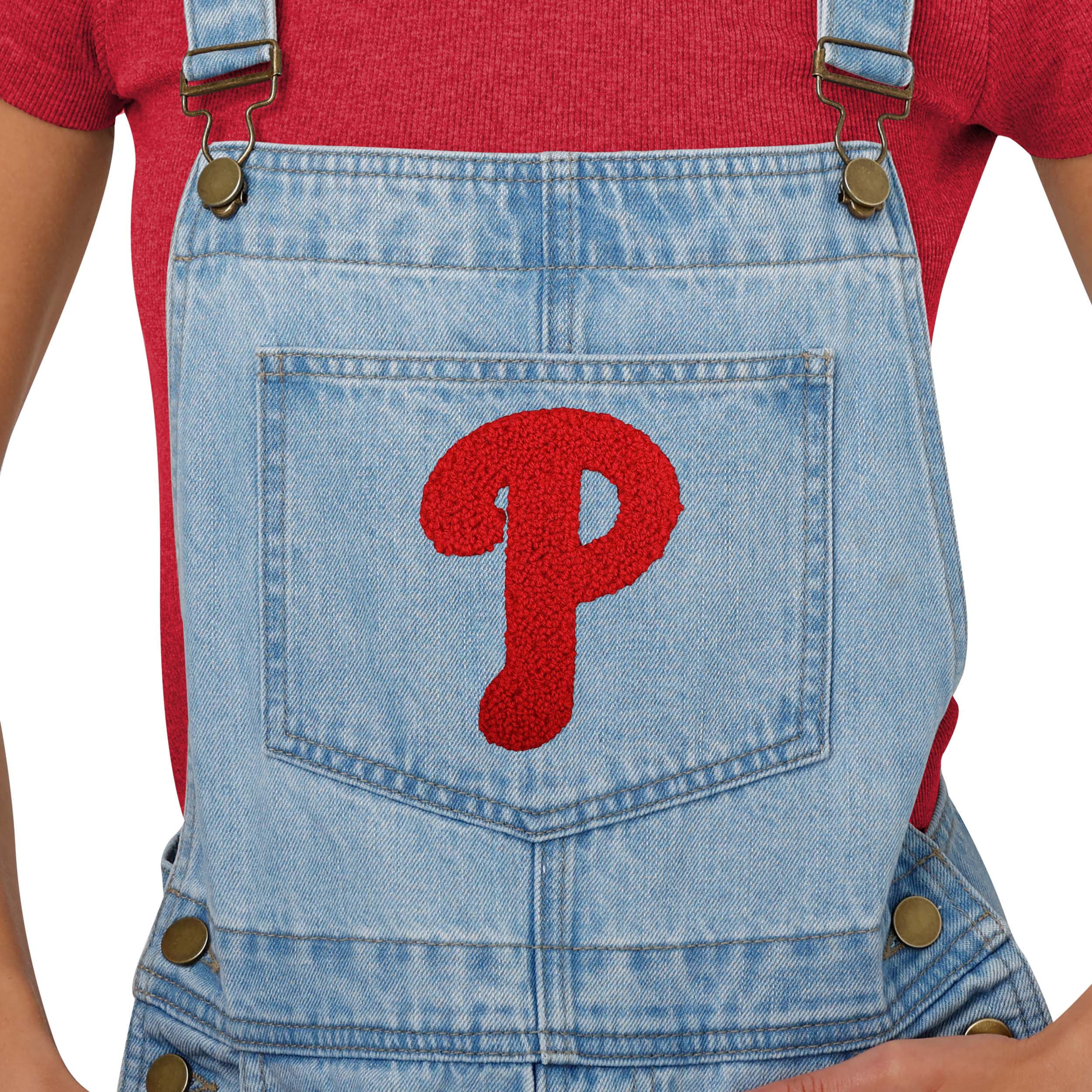 Philadelphia Phillies MLB Womens Big Logo Denim Bib Shortalls - Image 3